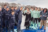 The Boat Race 2013: After the "toss for stations" for the 2013 Boat Race, the Oxford and Cambridge Blue Boat crews with BBC Sport commentator Clare Balding and umpire Sir Matthew Pinsent. Clare Balding is interviewing OUBC president Alexander Davidson..
Putney,
London SW15,

United Kingdom,
on 31 March 2013 at 14:47, image #97