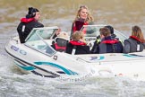 The Boat Race 2013: In a boat following the 2013 Boat Race for BBC Sport: Floor manager Chris White, rowing champion Anna Watkins, Clare Balding, and rowing champions Pete Reed and Katherine Granger..
Putney,
London SW15,

United Kingdom,
on 31 March 2013 at 16:18, image #235