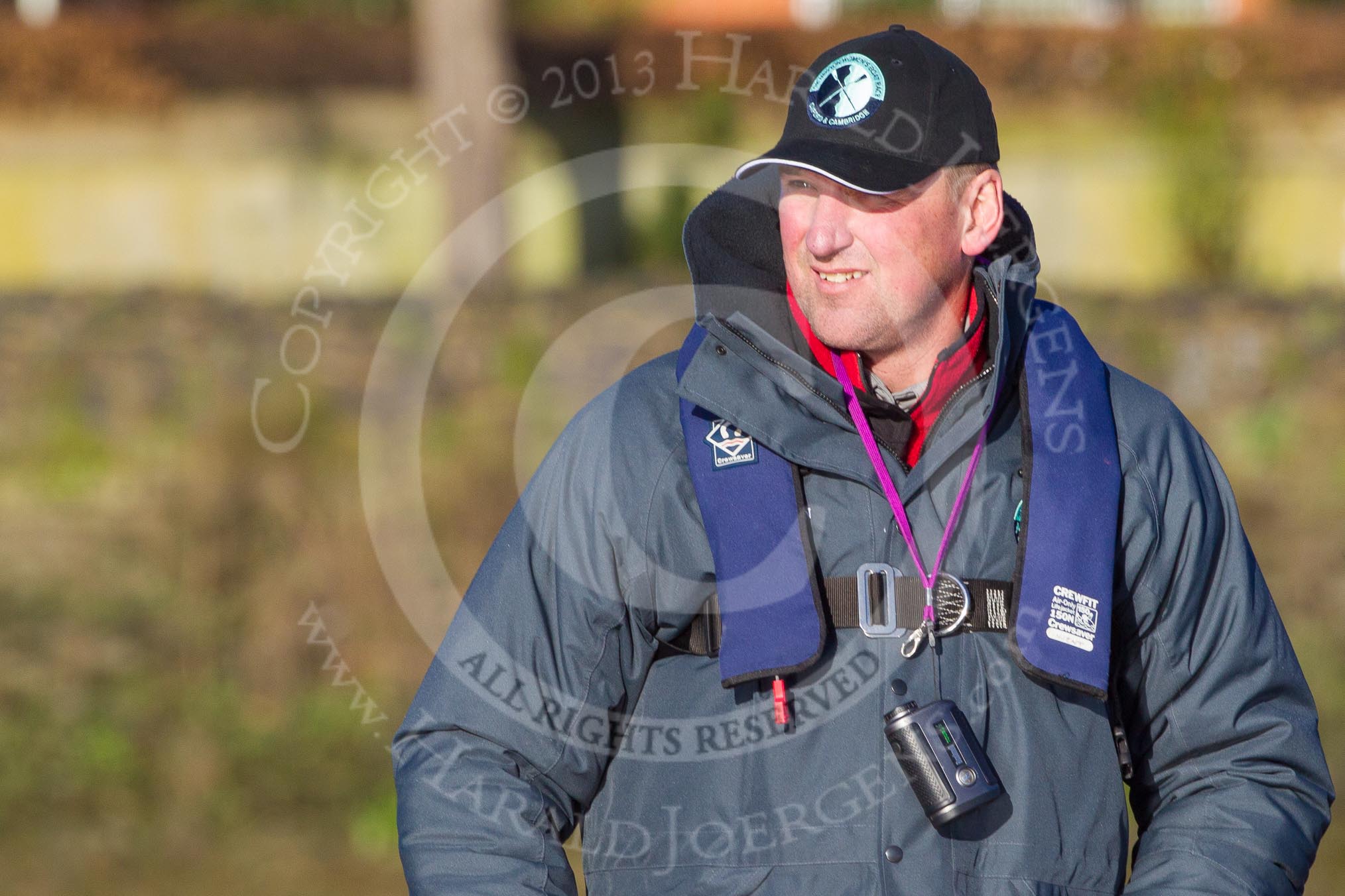 The Boat Race season 2014 - Women's Trial VIIIs (OUWBC, Oxford): Sir Matthew Pinsent in the umpire's launch..
River Thames between Putney Bridge and Mortlake,
London SW15,

United Kingdom,
on 19 December 2013 at 12:34, image #31