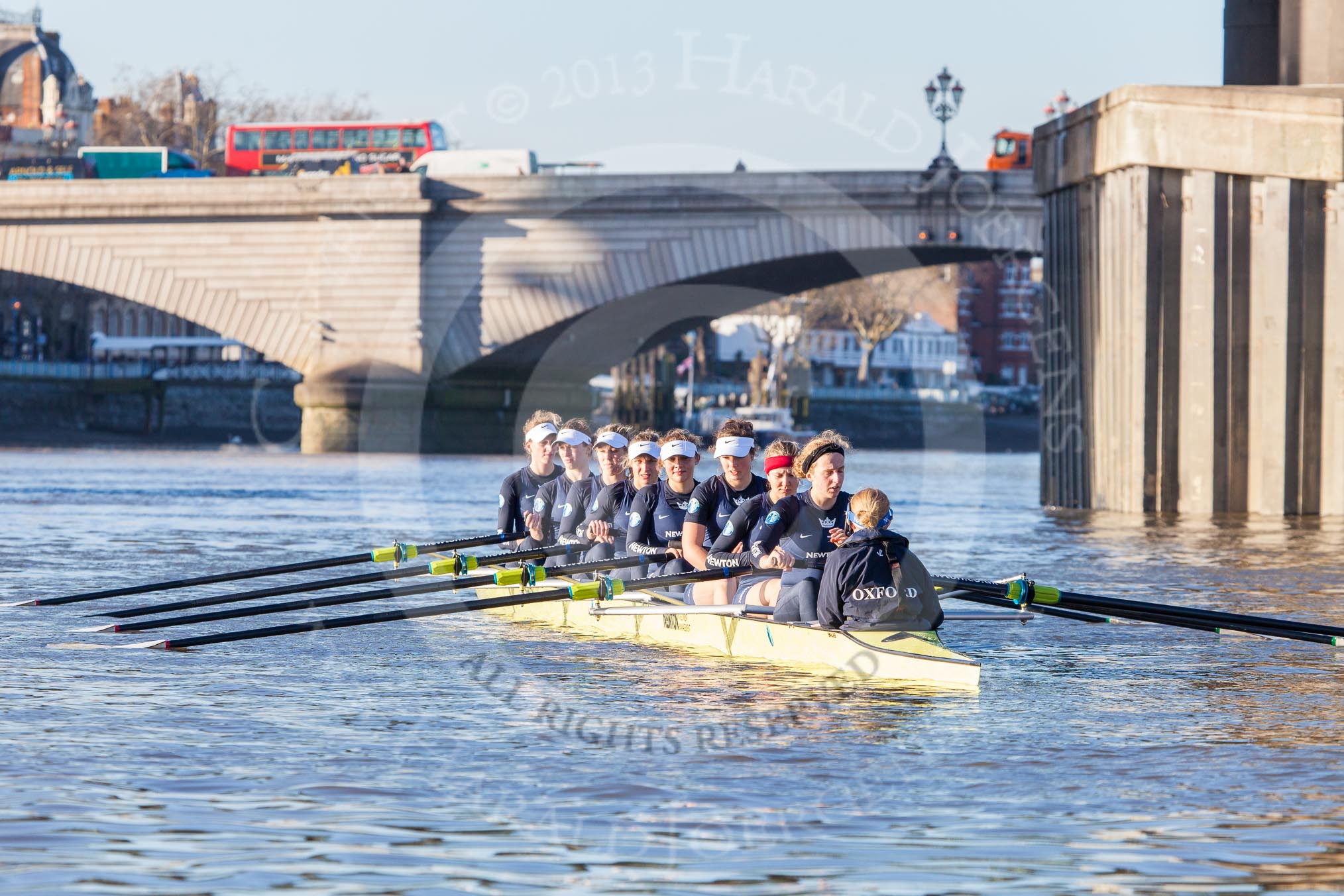 The Boat Race season 2014 - Women's Trial VIIIs (OUWBC, Oxford): Boudicca: Cox Erin Wysocki-Jones, Stroke Anastasia Chitty, 7 Maxie Scheske, 6 Lauren Kedar, 5 Nadine Graedel Iberg, 4 Hannah Roberts, 3 Clare Jamison, 2 Dora Amos, Bow Merel Lefferts..
River Thames between Putney Bridge and Mortlake,
London SW15,

United Kingdom,
on 19 December 2013 at 12:38, image #43