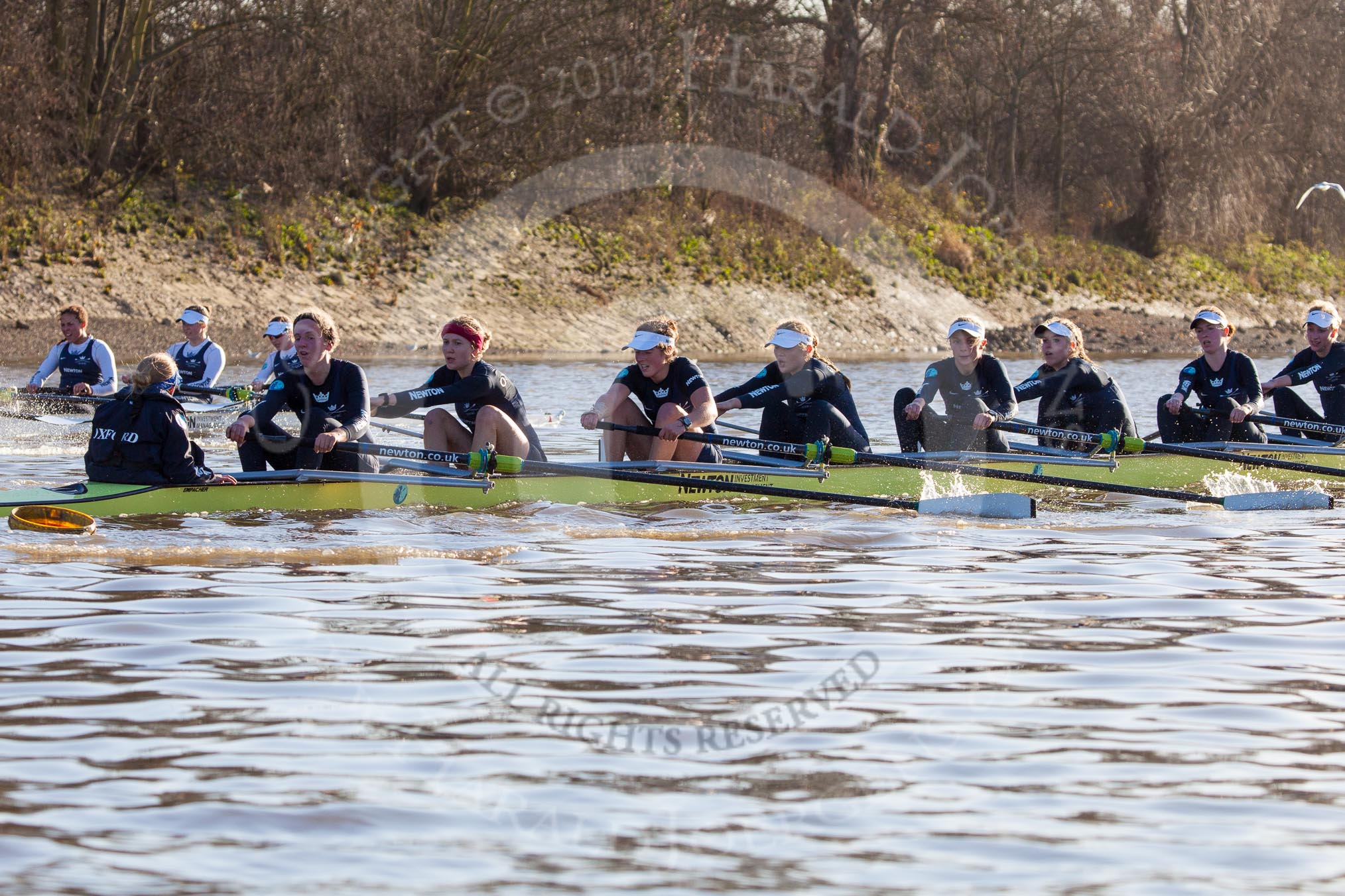 The Boat Race season 2014 - Women's Trial VIIIs (OUWBC, Oxford): Boudicca: Cox Erin Wysocki-Jones, Stroke Anastasia Chitty, 7 Maxie Scheske, 6 Lauren Kedar, 5 Nadine Graedel Iberg, 4 Hannah Roberts, 3 Clare Jamison, 2 Dora Amos, Bow Merel Lefferts..
River Thames between Putney Bridge and Mortlake,
London SW15,

United Kingdom,
on 19 December 2013 at 12:56, image #163