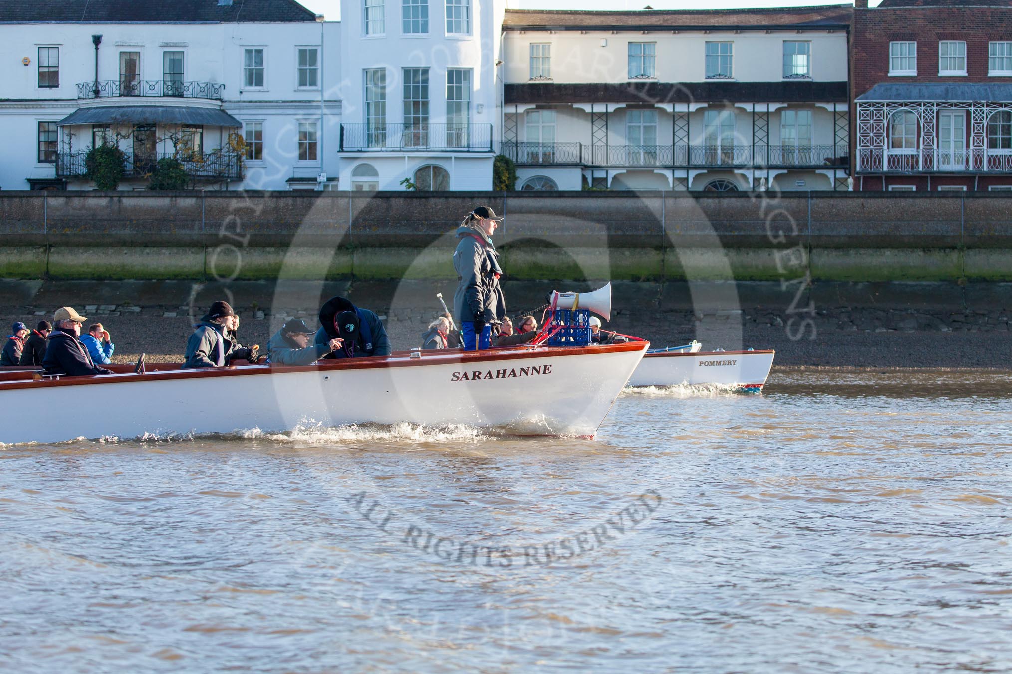 The Boat Race season 2014 - Women's Trial VIIIs (OUWBC, Oxford): The race umpire, Sarah Winckless, in one of the launches following the race..
River Thames between Putney Bridge and Mortlake,
London SW15,

United Kingdom,
on 19 December 2013 at 13:00, image #204