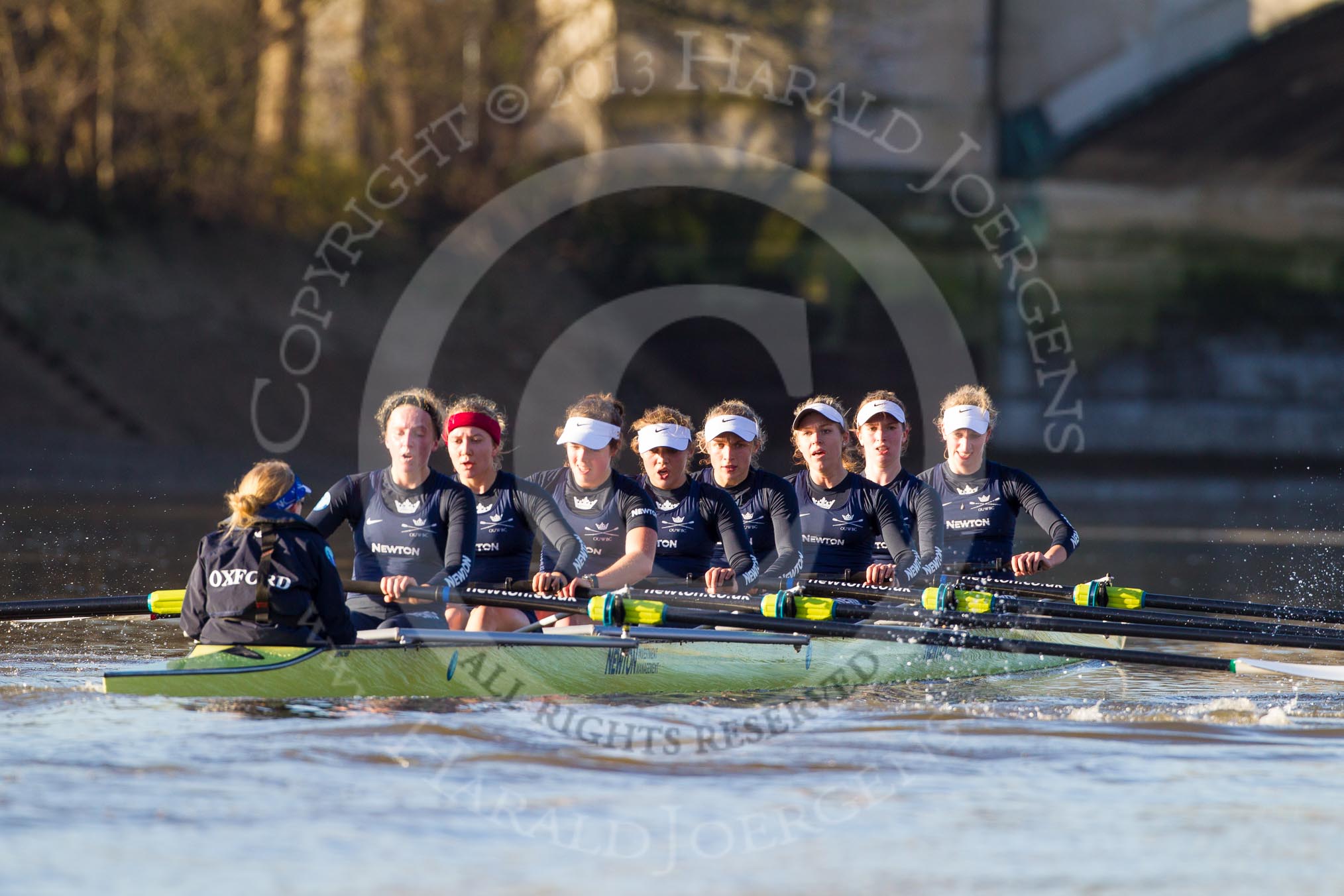 The Boat Race season 2014 - Women's Trial VIIIs (OUWBC, Oxford): Boudicca: Cox Erin Wysocki-Jones, Stroke Anastasia Chitty, 7 Maxie Scheske, 6 Lauren Kedar, 5 Nadine Graedel Iberg, 4 Hannah Roberts, 3 Clare Jamison, 2 Dora Amos, Bow Merel Lefferts..
River Thames between Putney Bridge and Mortlake,
London SW15,

United Kingdom,
on 19 December 2013 at 13:04, image #238