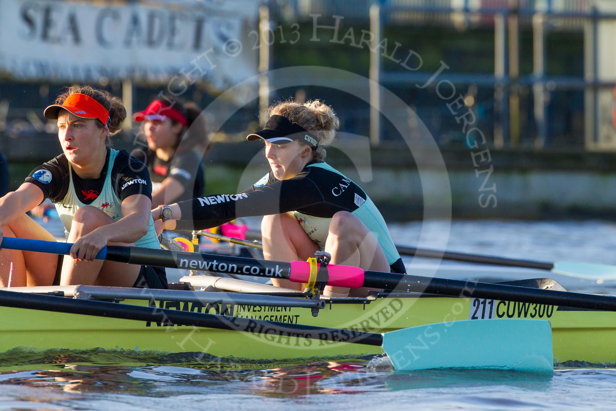 The Boat Race season 2014 - Women's Trial VIIIs(CUWBC, Cambridge): Nudge Nudge: 2 Anouska Bartlett, Bow Lottie Meggitt..
River Thames between Putney Bridge and Mortlake,
London SW15,

United Kingdom,
on 19 December 2013 at 14:04, image #341