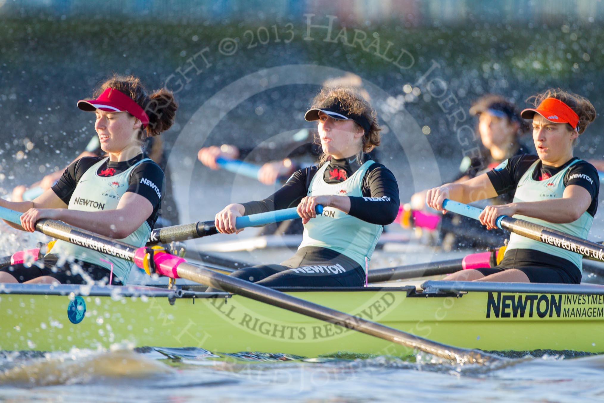 The Boat Race season 2014 - Women's Trial VIIIs(CUWBC, Cambridge): Nudge Nudge: 4 Catherine Foot, 3 Hannah Evans, 2 Anouska Bartlett..
River Thames between Putney Bridge and Mortlake,
London SW15,

United Kingdom,
on 19 December 2013 at 14:04, image #346