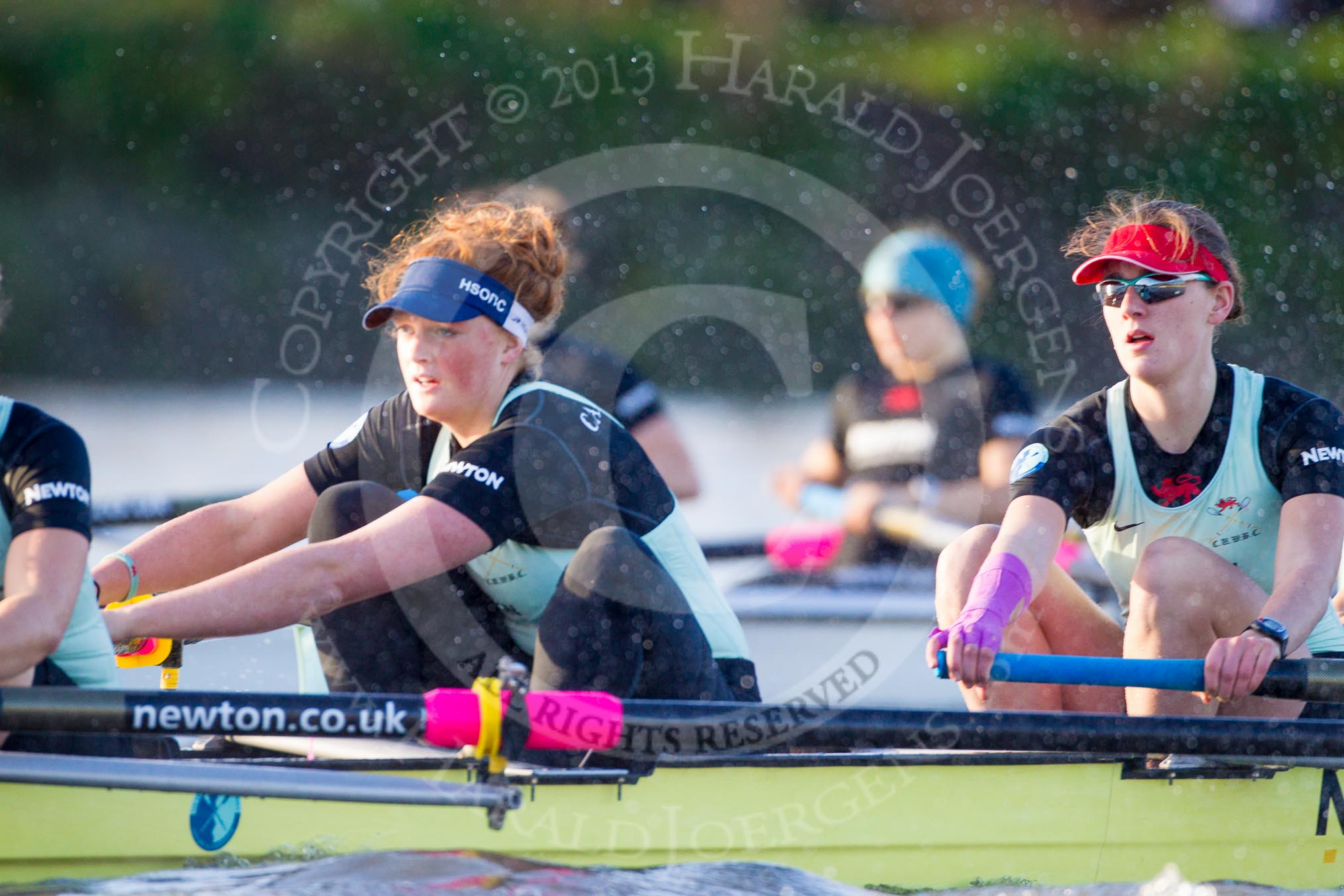 The Boat Race season 2014 - Women's Trial VIIIs(CUWBC, Cambridge): Nudge Nudge: 7 Izzy Vyvyan, 6 Kate Ashley..
River Thames between Putney Bridge and Mortlake,
London SW15,

United Kingdom,
on 19 December 2013 at 14:04, image #351