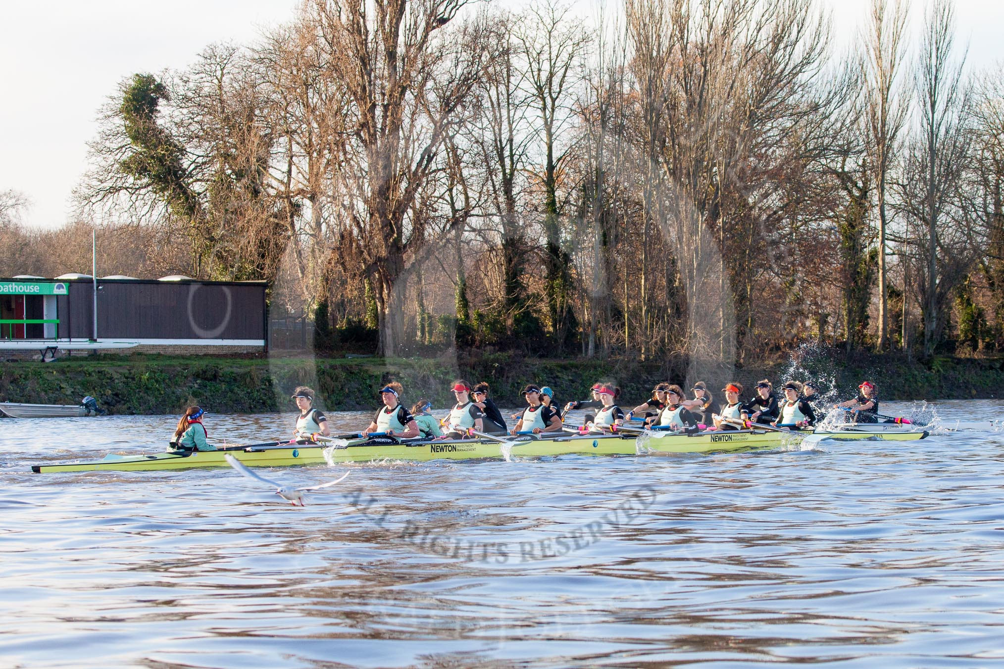 The Boat Race season 2014 - Women's Trial VIIIs(CUWBC, Cambridge): Nudge Nudge vs Wink Wink..
River Thames between Putney Bridge and Mortlake,
London SW15,

United Kingdom,
on 19 December 2013 at 14:05, image #359