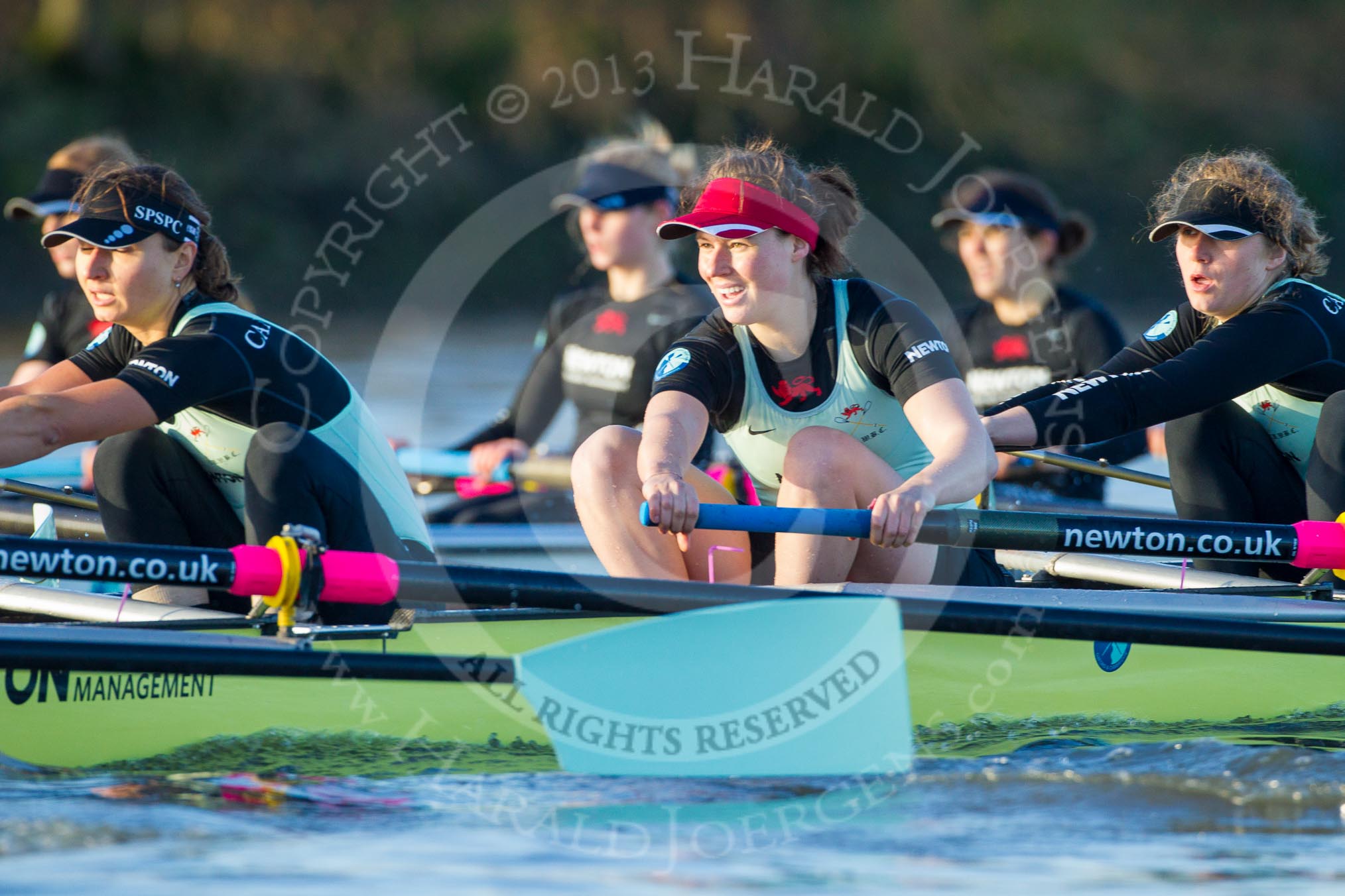 The Boat Race season 2014 - Women's Trial VIIIs(CUWBC, Cambridge): Nudge Nudge:  5 Valentina Futoryanova, 4 Catherine Foot, 3 Hannah Evans..
River Thames between Putney Bridge and Mortlake,
London SW15,

United Kingdom,
on 19 December 2013 at 14:06, image #365