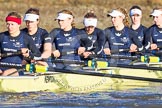 The Boat Race season 2014 - Women's Trial VIIIs (OUWBC, Oxford): Boudicca:  7 Maxie Scheske, 6 Lauren Kedar, 5 Nadine Graedel Iberg, 4 Hannah Roberts, 3 Clare Jamison, 2 Dora Amos and bow Merel Lefferts..
River Thames between Putney Bridge and Mortlake,
London SW15,

United Kingdom,
on 19 December 2013 at 12:36, image #37