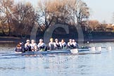 The Boat Race season 2014 - Women's Trial VIIIs (OUWBC, Oxford): Cleopatra: Cox Olivia Cleary, Stroke Laura Savarese, 7 Amber de Vere, 6 Elo Luik, 5 Harriet Keane, 4 Hannah Ledbury, 3 Isabelle Evans, 2 Chloe Farrar., Bow Elizabeth Fenje..
River Thames between Putney Bridge and Mortlake,
London SW15,

United Kingdom,
on 19 December 2013 at 12:45, image #83