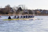 The Boat Race season 2014 - Women's Trial VIIIs (OUWBC, Oxford): Boudicca: Cox Erin Wysocki-Jones, Stroke Anastasia Chitty, 7 Maxie Scheske, 6 Lauren Kedar, 5 Nadine Graedel Iberg, 4 Hannah Roberts, 3 Clare Jamison, 2 Dora Amos, Bow Merel Lefferts..
River Thames between Putney Bridge and Mortlake,
London SW15,

United Kingdom,
on 19 December 2013 at 12:58, image #181