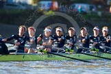 The Boat Race season 2014 - Women's Trial VIIIs (OUWBC, Oxford): Boudicca: Cox Erin Wysocki-Jones, Stroke Anastasia Chitty, 7 Maxie Scheske, 6 Lauren Kedar, 5 Nadine Graedel Iberg, 4 Hannah Roberts, 3 Clare Jamison, 2 Dora Amos, Bow Merel Lefferts..
River Thames between Putney Bridge and Mortlake,
London SW15,

United Kingdom,
on 19 December 2013 at 13:03, image #227