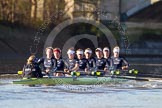 The Boat Race season 2014 - Women's Trial VIIIs (OUWBC, Oxford): Boudicca: Cox Erin Wysocki-Jones, Stroke Anastasia Chitty, 7 Maxie Scheske, 6 Lauren Kedar, 5 Nadine Graedel Iberg, 4 Hannah Roberts, 3 Clare Jamison, 2 Dora Amos, Bow Merel Lefferts..
River Thames between Putney Bridge and Mortlake,
London SW15,

United Kingdom,
on 19 December 2013 at 13:04, image #238