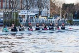 The Boat Race season 2014 - Women's Trial VIIIs(CUWBC, Cambridge): Wink Wink: Cox Priya Crosby, Stroke Melissa Wilson, 7 Jilly Tovey, 6 Fiona Macklin, 5 Caroline Reid, 4 Sara Lackner, 3 Hannah Roberts, 2 Sarah Crowther, Bow Ella Barnard..
River Thames between Putney Bridge and Mortlake,
London SW15,

United Kingdom,
on 19 December 2013 at 14:02, image #302