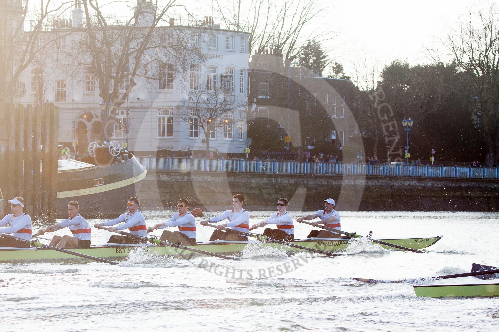 The Boat Race season 2014 - fixture OUBC vs German U23: The race is on - the German U23-boat, on the left, and the OUBC boat at Putney Pier..
River Thames between Putney Bridge and Chiswick Bridge,



on 08 March 2014 at 16:46, image #37