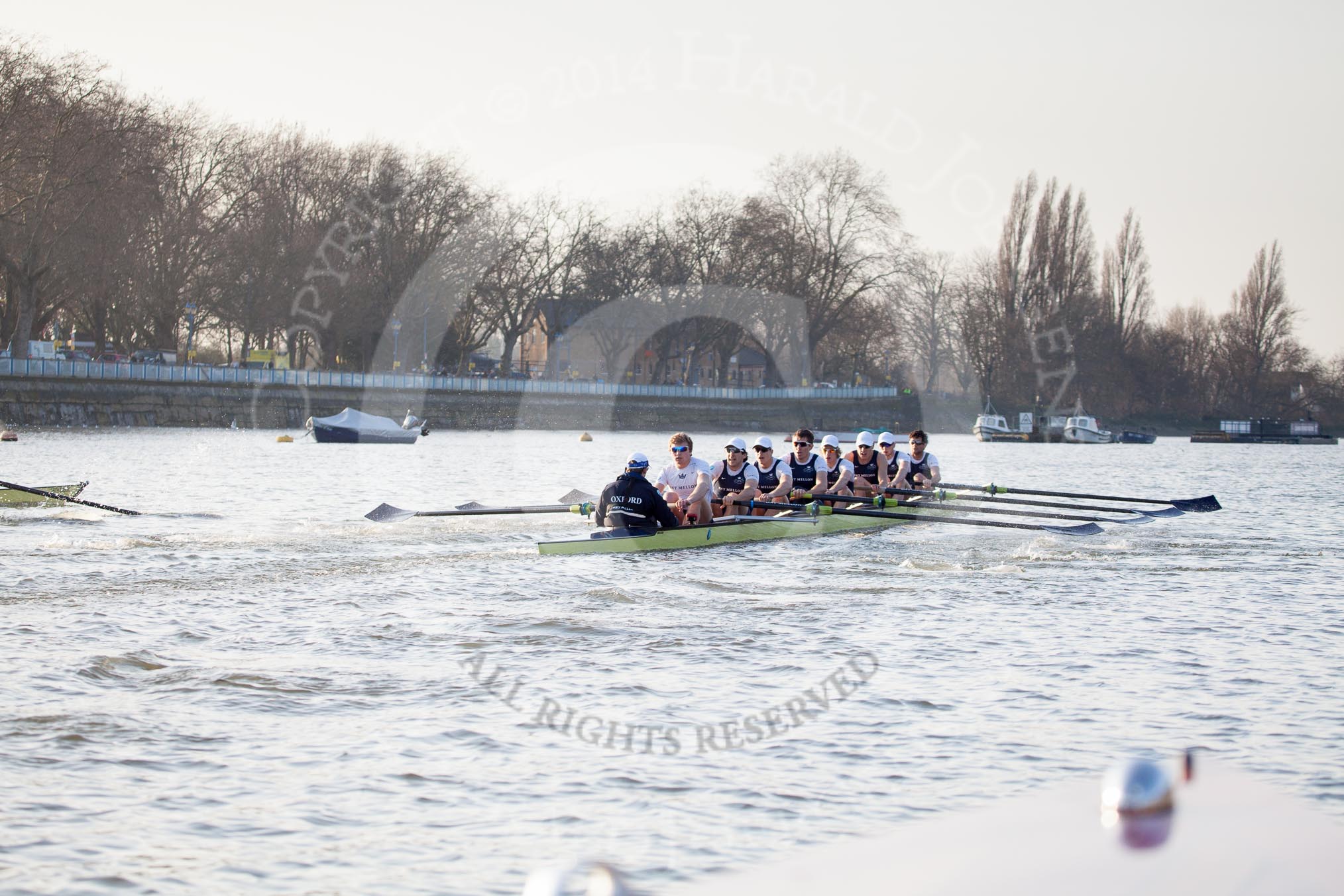 The Boat Race season 2014 - fixture OUBC vs German U23: The OUBC boat in the lead, the German U23 boat on the left at the Putney boat houses..
River Thames between Putney Bridge and Chiswick Bridge,



on 08 March 2014 at 16:46, image #55