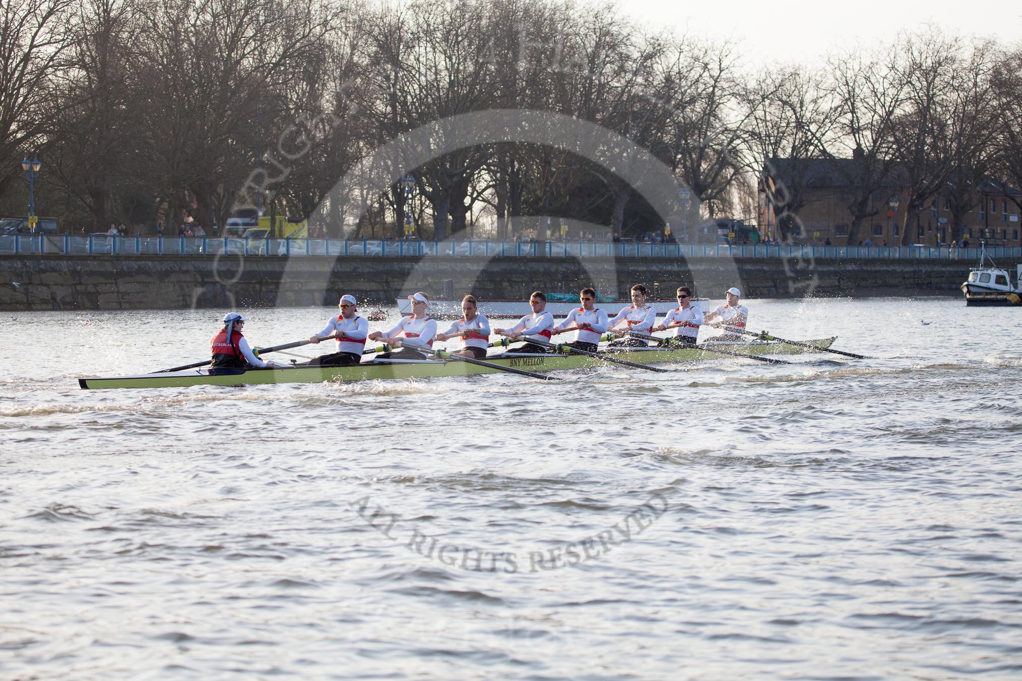 The Boat Race season 2014 - fixture OUBC vs German U23: The German U23-boat at the Putney boat houses..
River Thames between Putney Bridge and Chiswick Bridge,



on 08 March 2014 at 16:47, image #59