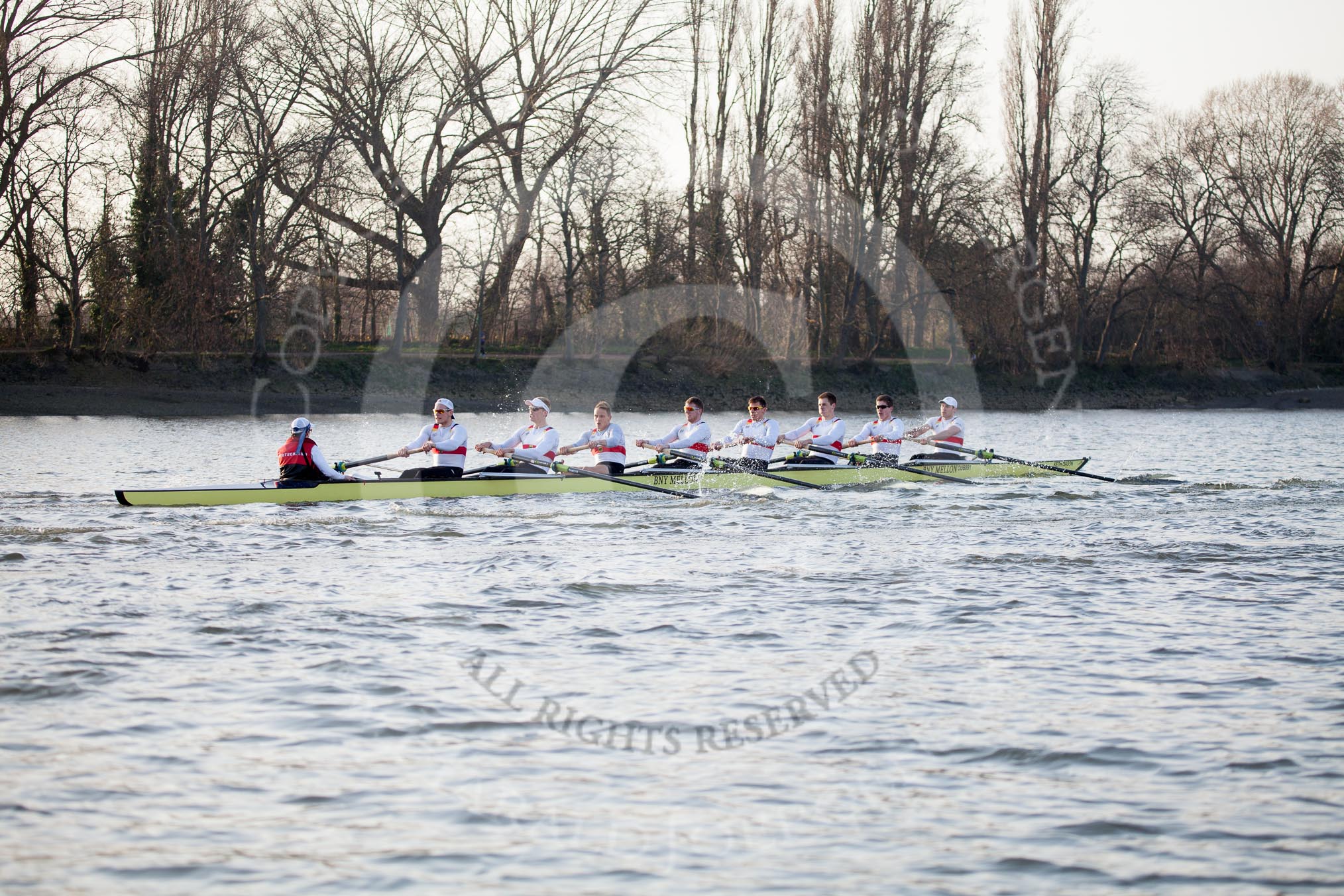 The Boat Race season 2014 - fixture OUBC vs German U23: The German U23-boat approaching the Mile Post..
River Thames between Putney Bridge and Chiswick Bridge,



on 08 March 2014 at 16:48, image #88
