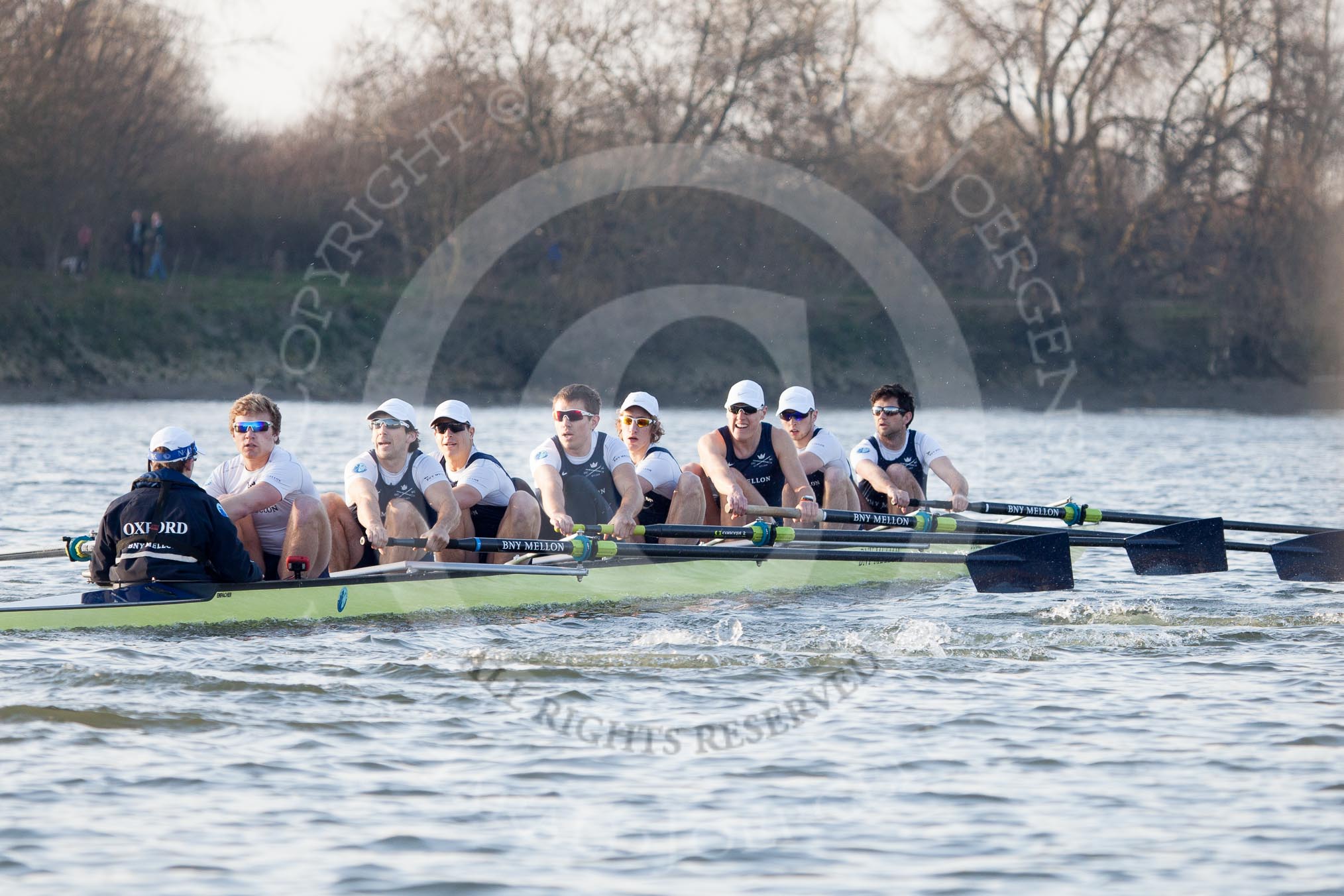 The Boat Race season 2014 - fixture OUBC vs German U23: The OUBC boat near the Mile Post..
River Thames between Putney Bridge and Chiswick Bridge,



on 08 March 2014 at 16:49, image #90
