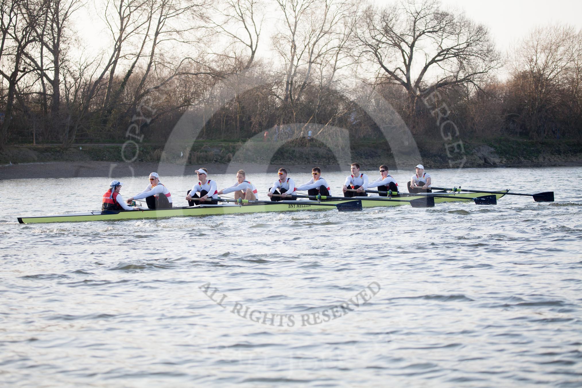 The Boat Race season 2014 - fixture OUBC vs German U23: The German U23-boat approaching the Mile Post..
River Thames between Putney Bridge and Chiswick Bridge,



on 08 March 2014 at 16:49, image #91