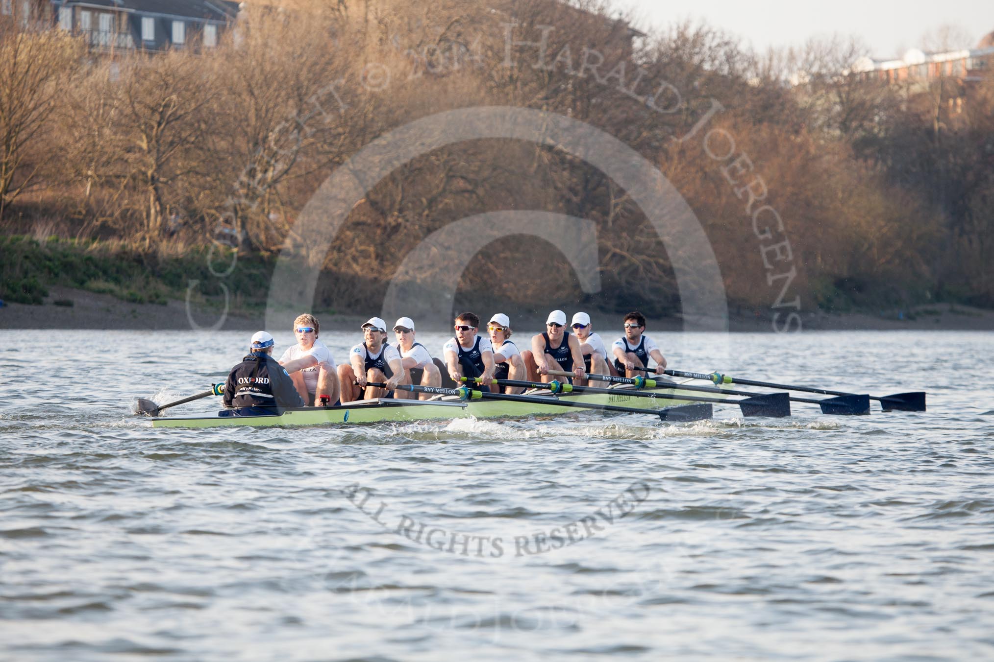 The Boat Race season 2014 - fixture OUBC vs German U23: The OUBC boat approaching the Harrods Depository..
River Thames between Putney Bridge and Chiswick Bridge,



on 08 March 2014 at 16:50, image #96