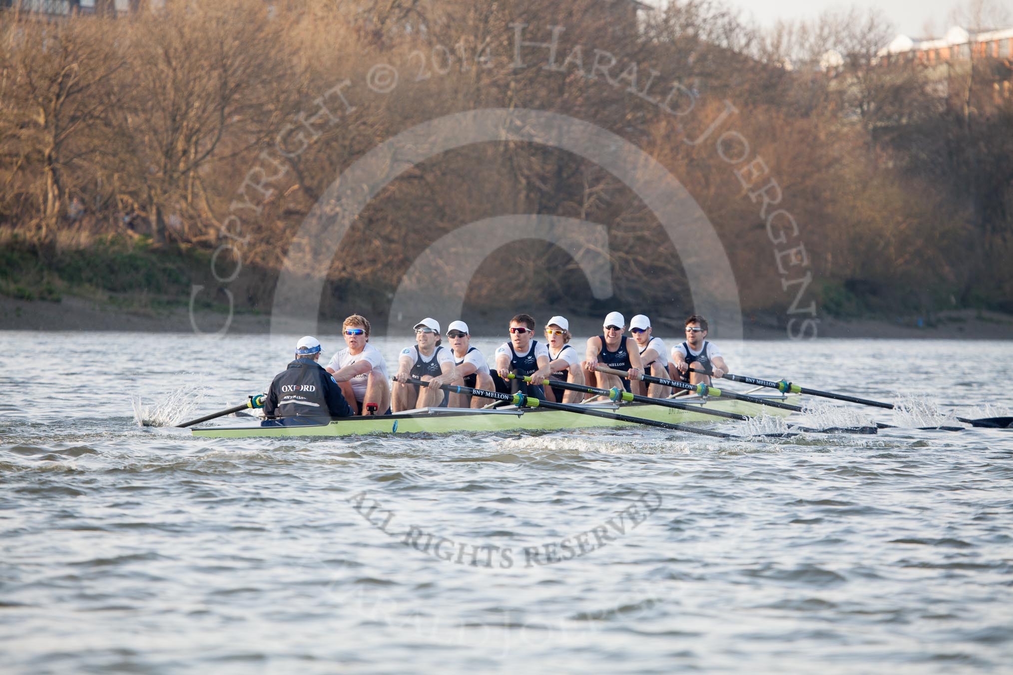 The Boat Race season 2014 - fixture OUBC vs German U23: The OUBC boat approaching the Harrods Depository..
River Thames between Putney Bridge and Chiswick Bridge,



on 08 March 2014 at 16:50, image #97