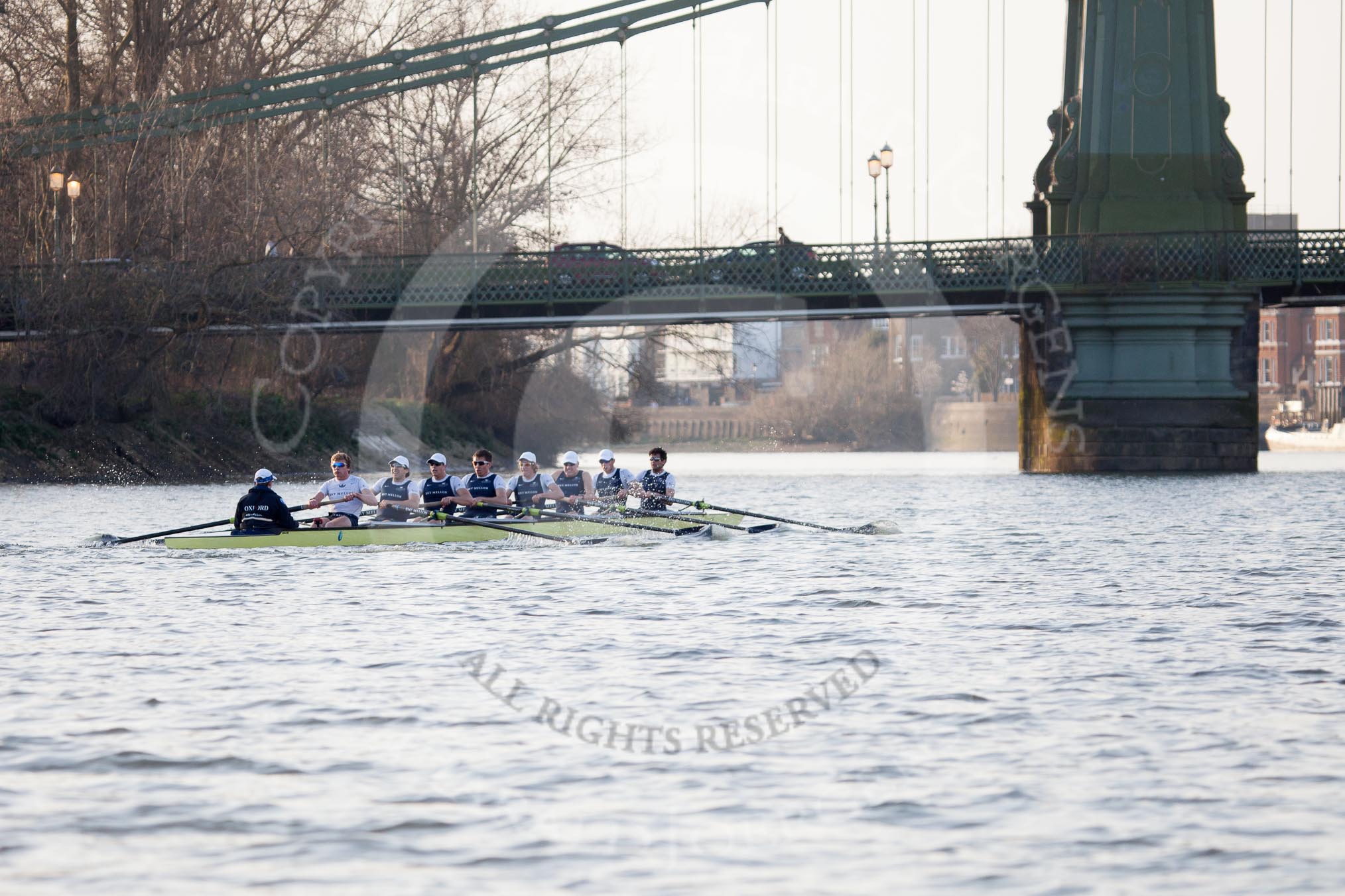 The Boat Race season 2014 - fixture OUBC vs German U23: The OUBC boat approaching Hammersmith Bridge..
River Thames between Putney Bridge and Chiswick Bridge,



on 08 March 2014 at 16:52, image #114