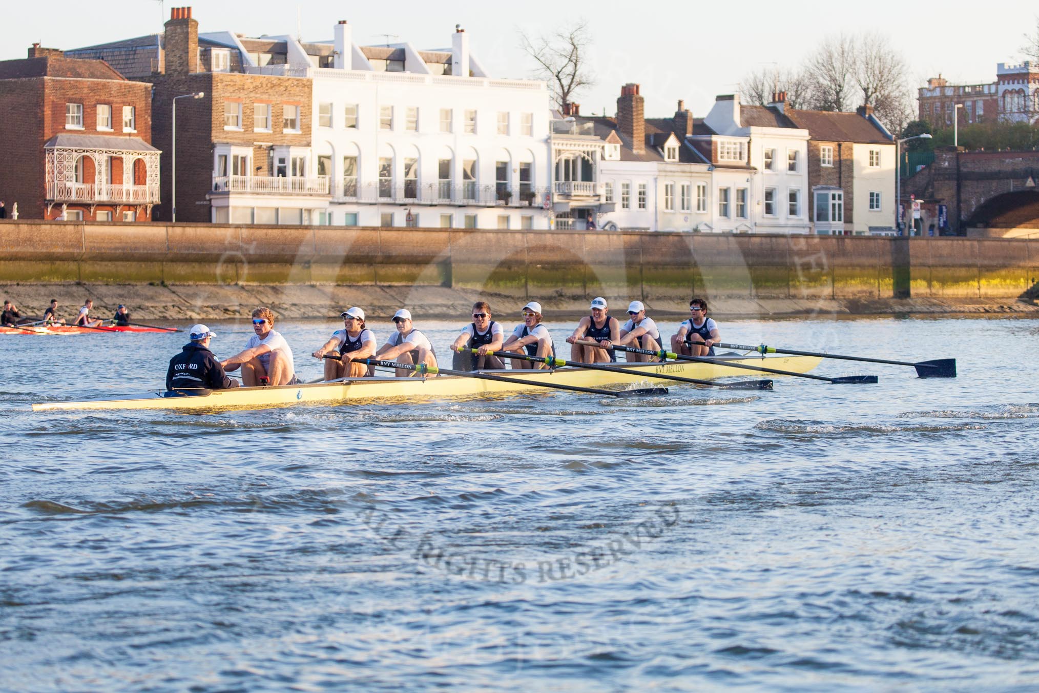 The Boat Race season 2014 - fixture OUBC vs German U23: The OUBC boat during the second race, approaching Barnes Railway Bridge..
River Thames between Putney Bridge and Chiswick Bridge,



on 08 March 2014 at 17:07, image #235