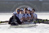 The Boat Race season 2014 - fixture OUBC vs German U23: The OUBC boat waiting under Putney Bridge: Cox Laurence Harvey, stroke Constantine Louloudis, 7 Sam O’Connor, 6 Michael Di Santo, 5 Malcolm Howard, 4 Thomas Swartz, 3 Karl Hudspith, 2 Chris Fairweather, bow Storm Uru..
River Thames between Putney Bridge and Chiswick Bridge,



on 08 March 2014 at 16:42, image #20