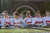 The Boat Race season 2014 - fixture OUBC vs German U23: The German U23 boat waiting under Putney Bridge:  7 Ole Schwiethal, 6 Arne Schwiethal, 5 Johannes Weissenfeld, 4 Maximilian Korge, 3 Malte Daberkow..
River Thames between Putney Bridge and Chiswick Bridge,



on 08 March 2014 at 16:43, image #26