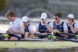 The Boat Race season 2014 - fixture OUBC vs German U23: The OUBC boat waiting under Putney Bridge: Stroke Constantine Louloudis, 7 Sam O’Connor, 6 Michael Di Santo, 5 Malcolm Howard, 4 Thomas Swartz..
River Thames between Putney Bridge and Chiswick Bridge,



on 08 March 2014 at 16:44, image #27