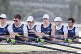 The Boat Race season 2014 - fixture OUBC vs German U23: The OUBC boat waiting under Putney Bridge: 6 Michael Di Santo, 5 Malcolm Howard, 4 Thomas Swartz, 3 Karl Hudspith, 2 Chris Fairweather, bow Storm Uru..
River Thames between Putney Bridge and Chiswick Bridge,



on 08 March 2014 at 16:44, image #28