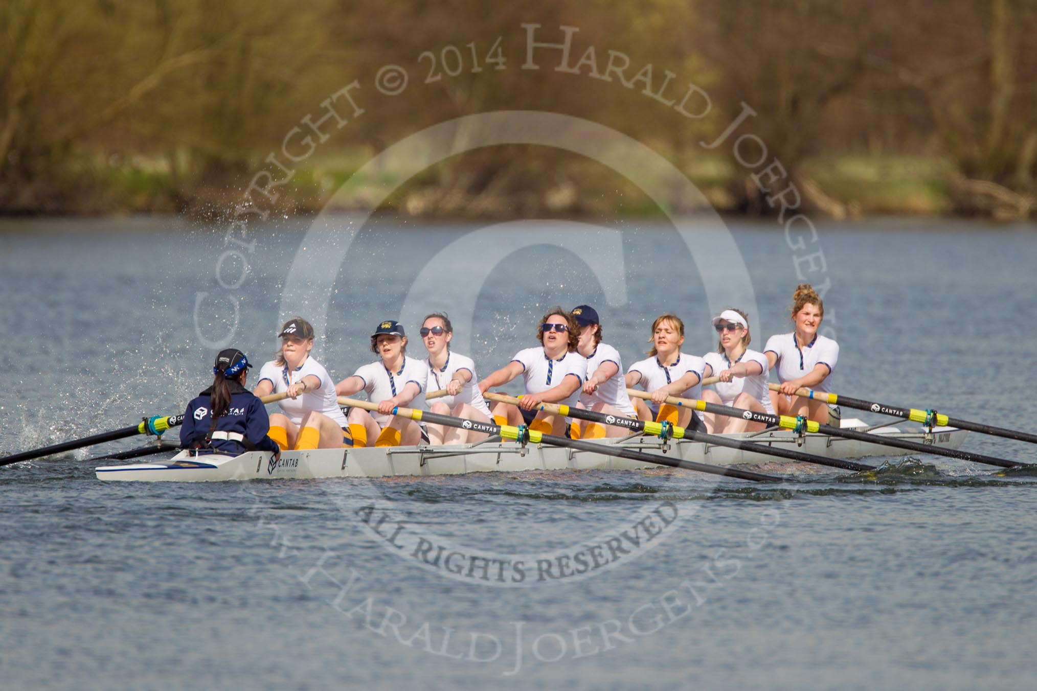 The Women's Boat Race and Henley Boat Races 2014: The Intercollegiate women's race. The Trinity College (Cambridge) boat following Wadham College..
River Thames,
Henley-on-Thames,
Buckinghamshire,
United Kingdom,
on 30 March 2014 at 13:28, image #41