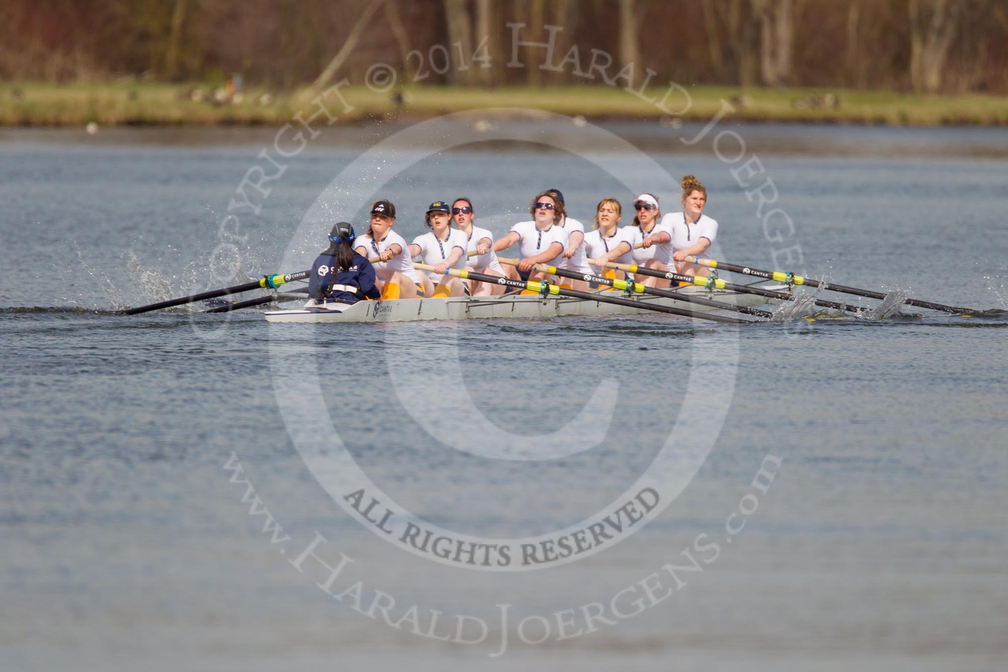 The Women's Boat Race and Henley Boat Races 2014: The Intercollegiate women's race. The Trinity College (Cambridge) boat following Wadham College..
River Thames,
Henley-on-Thames,
Buckinghamshire,
United Kingdom,
on 30 March 2014 at 13:28, image #44