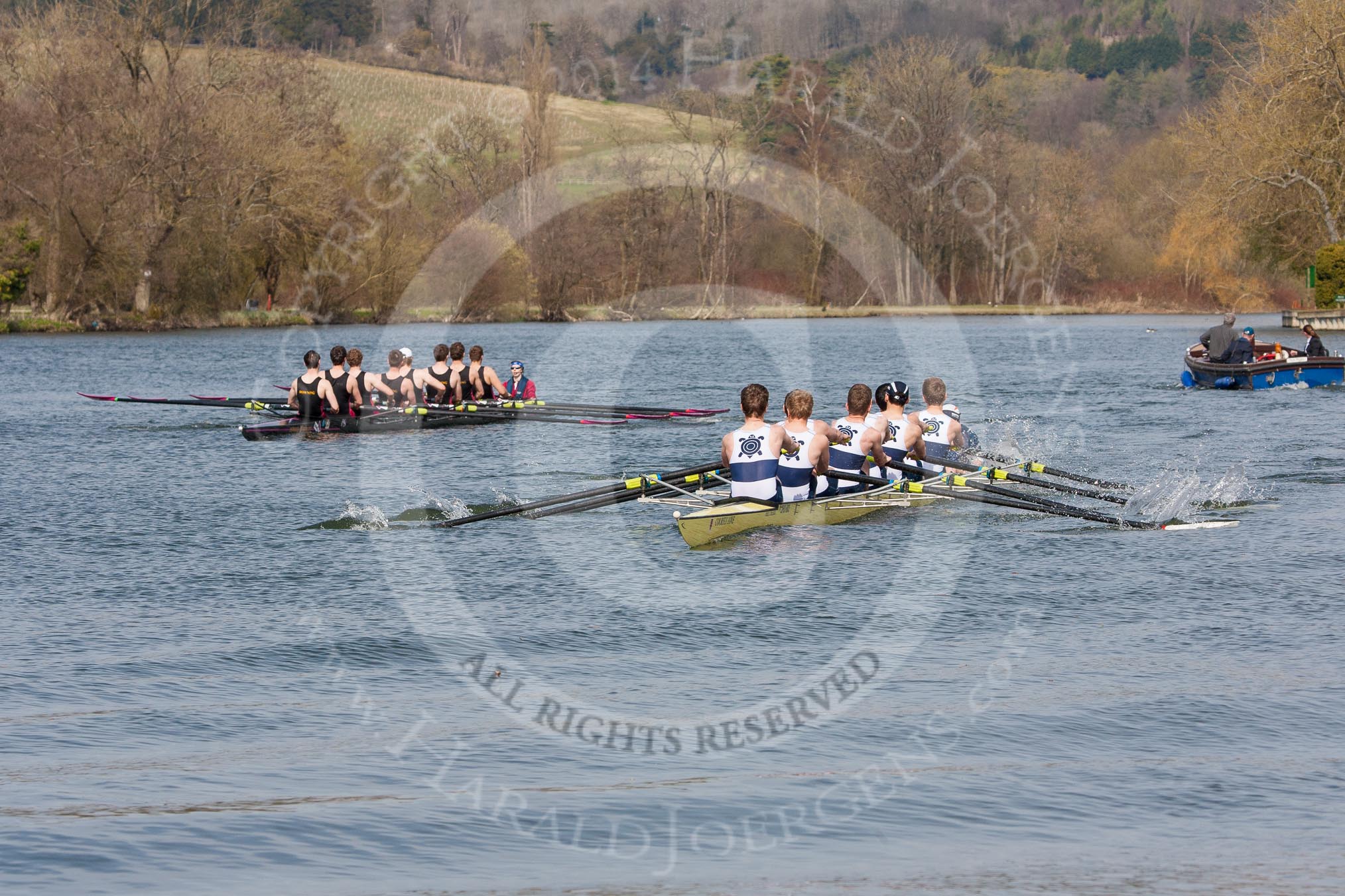 The Women's Boat Race and Henley Boat Races 2014: After the Intercollegiate men's race, the two boats returning to the start. Downing College (Cambridge, on the left) and Oriel College (Oxford)..
River Thames,
Henley-on-Thames,
Buckinghamshire,
United Kingdom,
on 30 March 2014 at 14:00, image #118