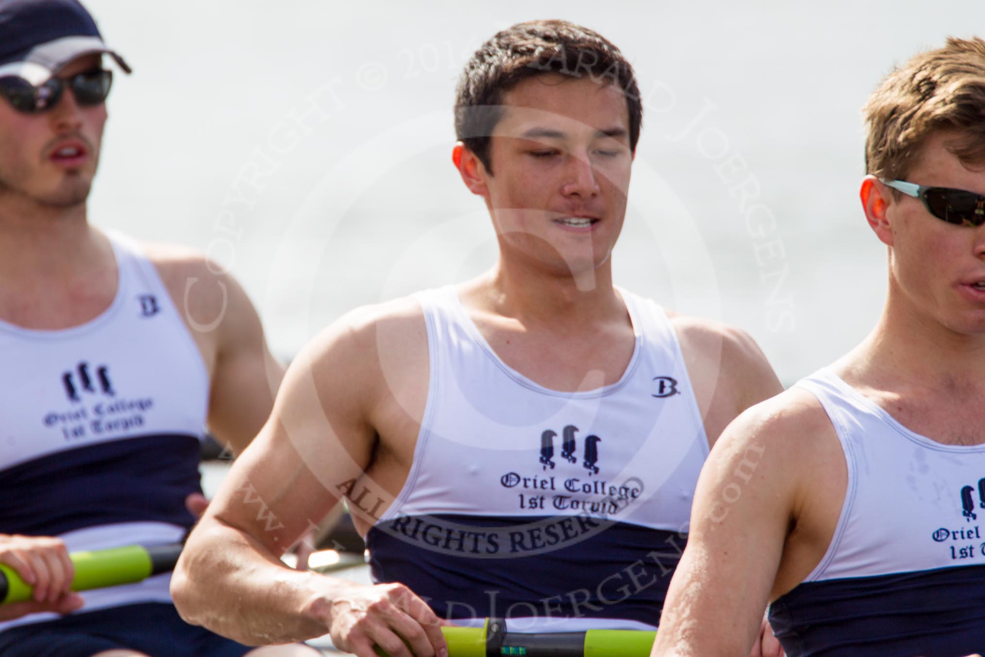 The Women's Boat Race and Henley Boat Races 2014: The Intercollegiate Men 's Race, in the Oriel College boat in the 6 seat  Calum Pontin, 7 Kelvin Jackson, and stroke Rufus Stirling..
River Thames,
Henley-on-Thames,
Buckinghamshire,
United Kingdom,
on 30 March 2014 at 14:00, image #126
