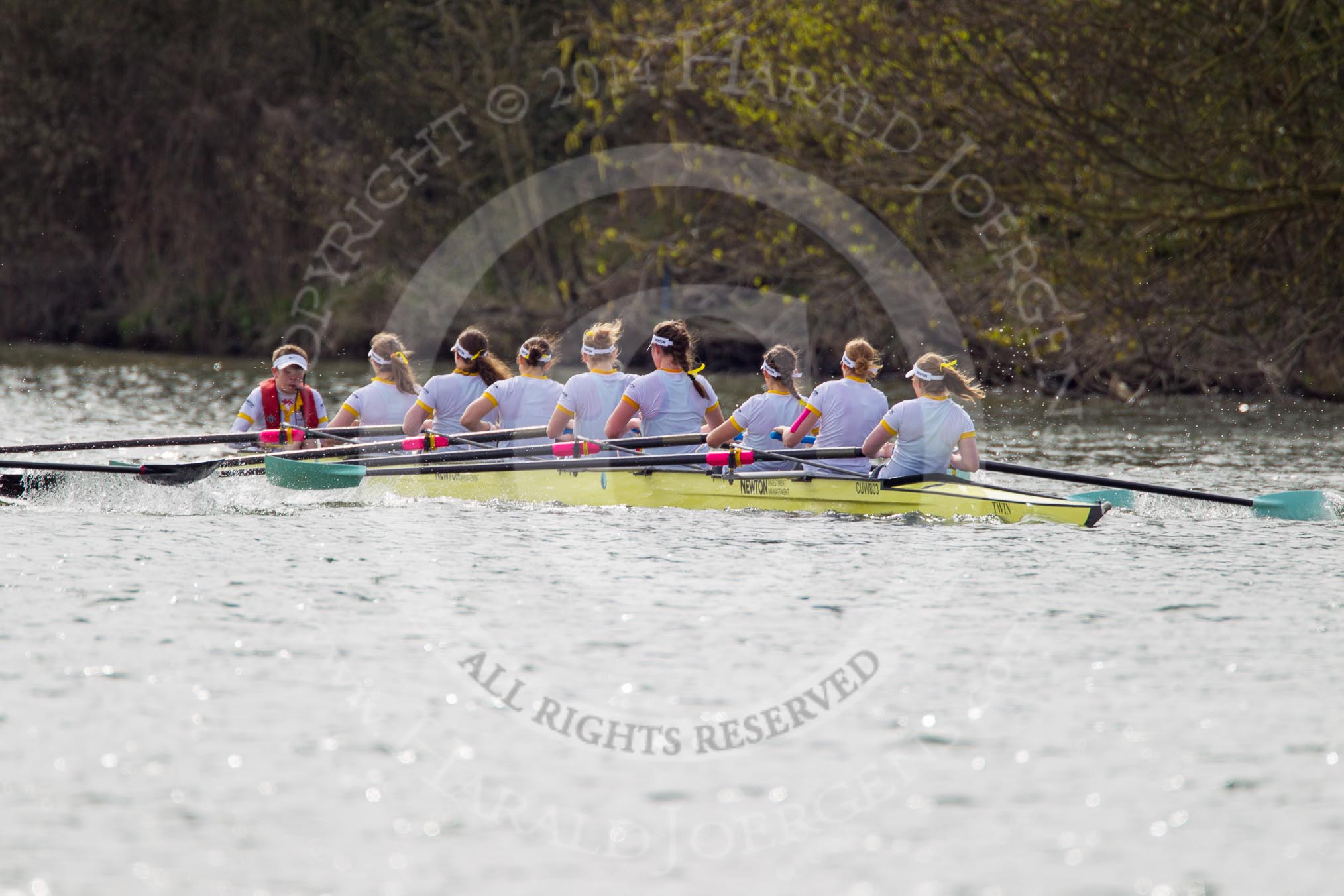 The Women's Boat Race and Henley Boat Races 2014: The Women's Reserves - Osiris v. Blondie race. Blondie (Cambridge) with cox Will McDermott, stroke Hannah Evans, 7 Nicole Stephens, 6 Sarah Crowther, 5 Hannah Roberts, 4 Gabriella Johannson, 3 Anouska Bartlett, 2 Sara Lackner, bow Tamsin Samuels..
River Thames,
Henley-on-Thames,
Buckinghamshire,
United Kingdom,
on 30 March 2014 at 14:16, image #149