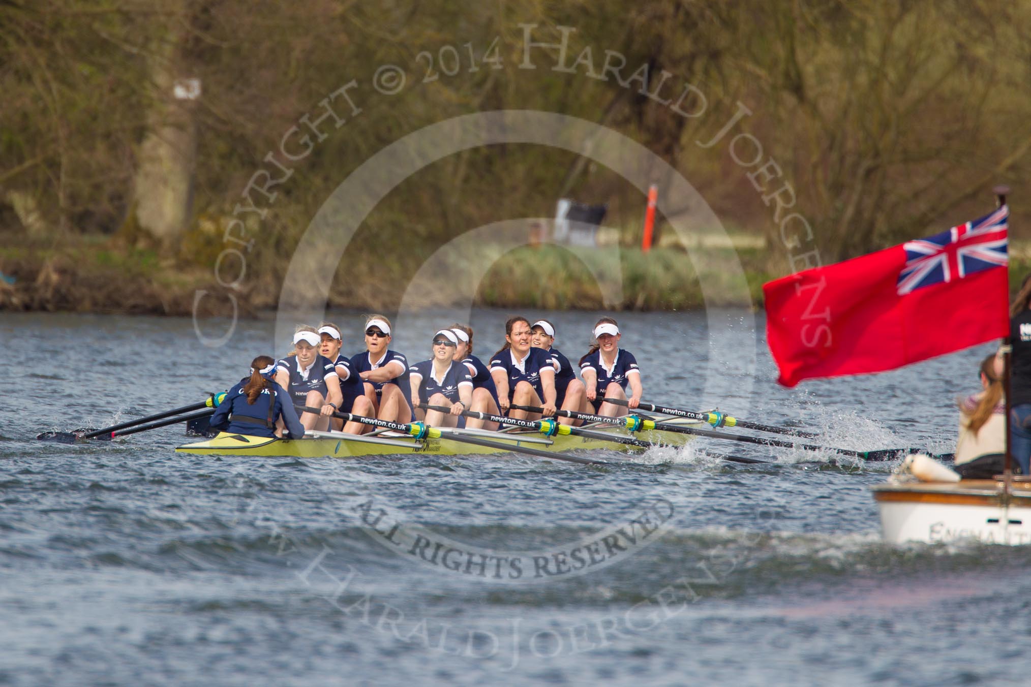 The Women's Boat Race and Henley Boat Races 2014: The Women's Reserves - Osiris v. Blondie race. Osiris (Oxford), in the lead, is passing the press launch..
River Thames,
Henley-on-Thames,
Buckinghamshire,
United Kingdom,
on 30 March 2014 at 14:17, image #174