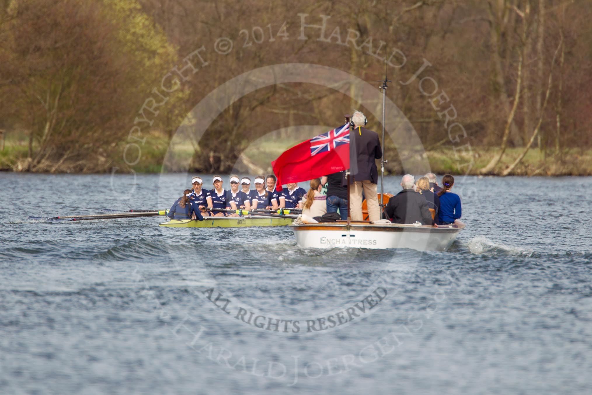 The Women's Boat Race and Henley Boat Races 2014: The Women's Reserves - Osiris v. Blondie race. Osiris (Oxford), in the lead, is followed by the press launch towards the finish line..
River Thames,
Henley-on-Thames,
Buckinghamshire,
United Kingdom,
on 30 March 2014 at 14:17, image #176