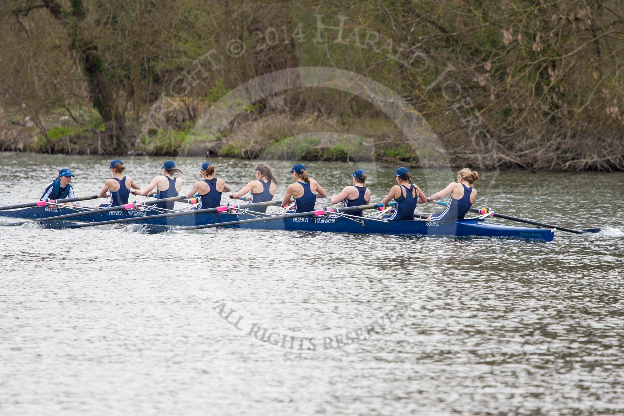 The Women's Boat Race and Henley Boat Races 2014: The Lightweight Women's Boat Race - OUWLRC in the lead: Bow Sophie Tomlinson, 2 Kirstin Rilham, 3 Rebecca Lane, 4 Nicky Huskens, 5 Sophie Philbrick, 6 Zoe Cooper-Sutton, 7 Emma Clifton, stroke  Suzanne Cole, cox  Lea Carrot..
River Thames,
Henley-on-Thames,
Buckinghamshire,
United Kingdom,
on 30 March 2014 at 14:48, image #225