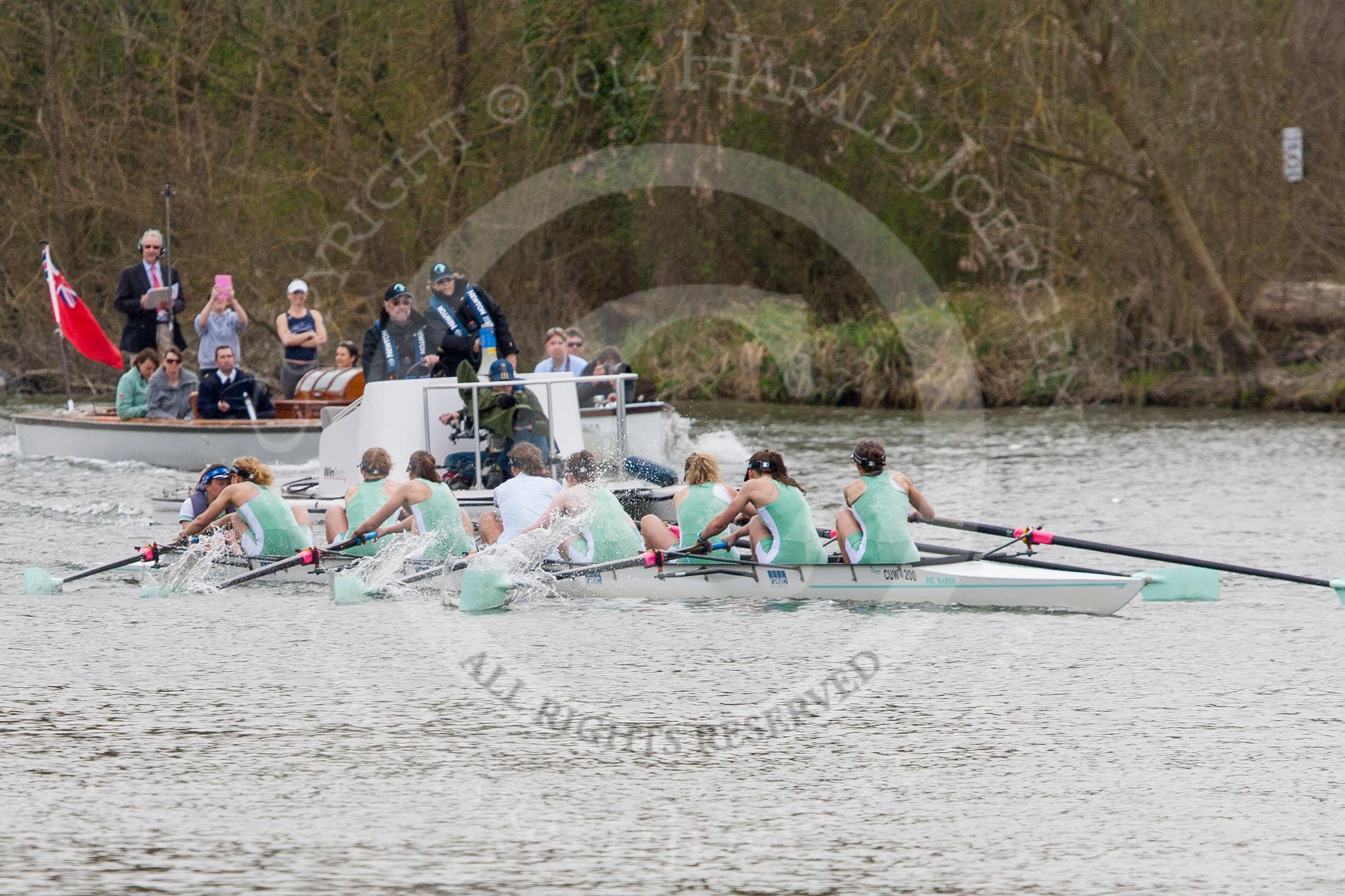 The Women's Boat Race and Henley Boat Races 2014: The umpire's launch, with a TV cameraman in front, and the press launch, with race commentator Robert Treharne Jones staning, are following the Lightweight Women's Boat Race..
River Thames,
Henley-on-Thames,
Buckinghamshire,
United Kingdom,
on 30 March 2014 at 14:49, image #227