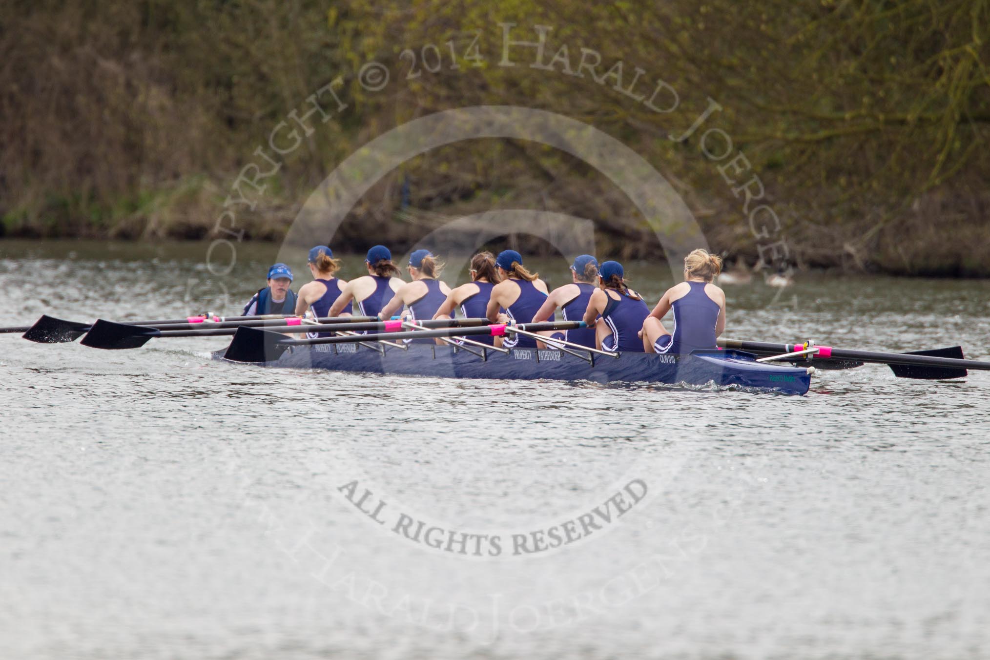 The Women's Boat Race and Henley Boat Races 2014: The Lightweight Women's Boat Race - OUWLRCin the lead: Bow Sophie Tomlinson, 2 Kirstin Rilham, 3 Rebecca Lane, 4 Nicky Huskens, 5 Sophie Philbrick, 6 Zoe Cooper-Sutton, 7 Emma Clifton, stroke  Suzanne Cole, cox  Lea Carrot..
River Thames,
Henley-on-Thames,
Buckinghamshire,
United Kingdom,
on 30 March 2014 at 14:48, image #223