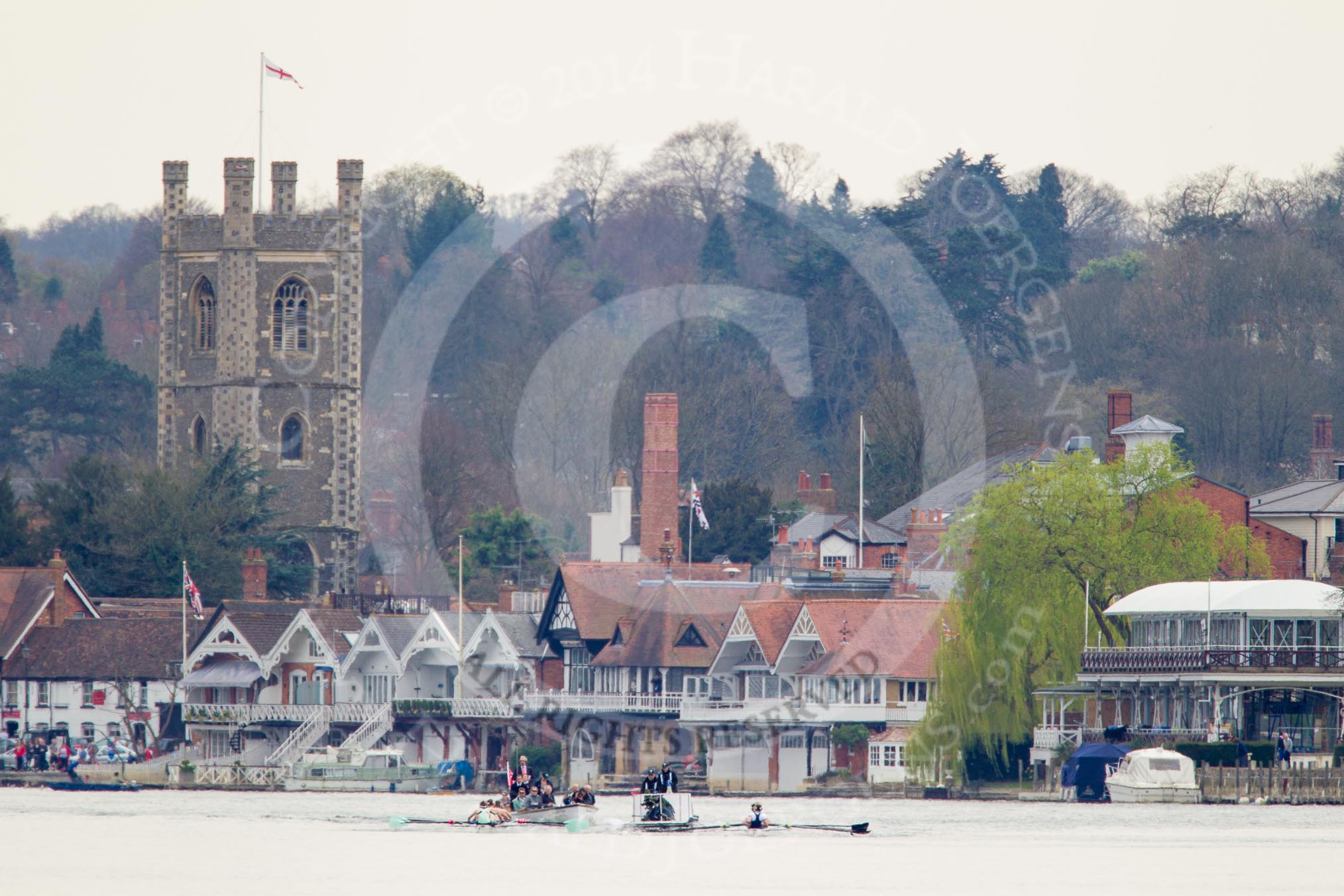 The Women's Boat Race and Henley Boat Races 2014: The start of the Newton Women's Boat Race at Henley. Oxford is on the right (Bucks) side, following the boats is the umpire's launch and, on the left, a press launch..
River Thames,
Henley-on-Thames,
Buckinghamshire,
United Kingdom,
on 30 March 2014 at 15:12, image #280