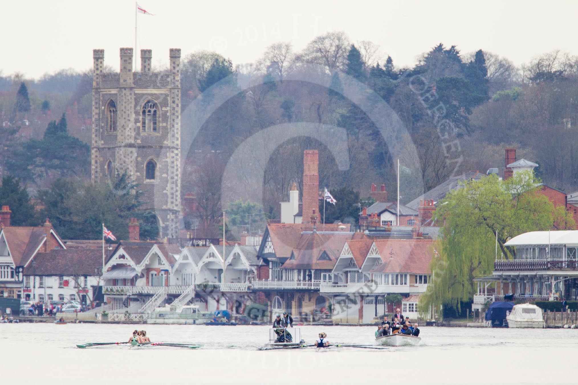 The Women's Boat Race and Henley Boat Races 2014: The start of the Newton Women's Boat Race at Henley. Oxford is on the right (Bucks) side, following the boats is the umpire's launch and, on the right, a press launch..
River Thames,
Henley-on-Thames,
Buckinghamshire,
United Kingdom,
on 30 March 2014 at 15:12, image #281