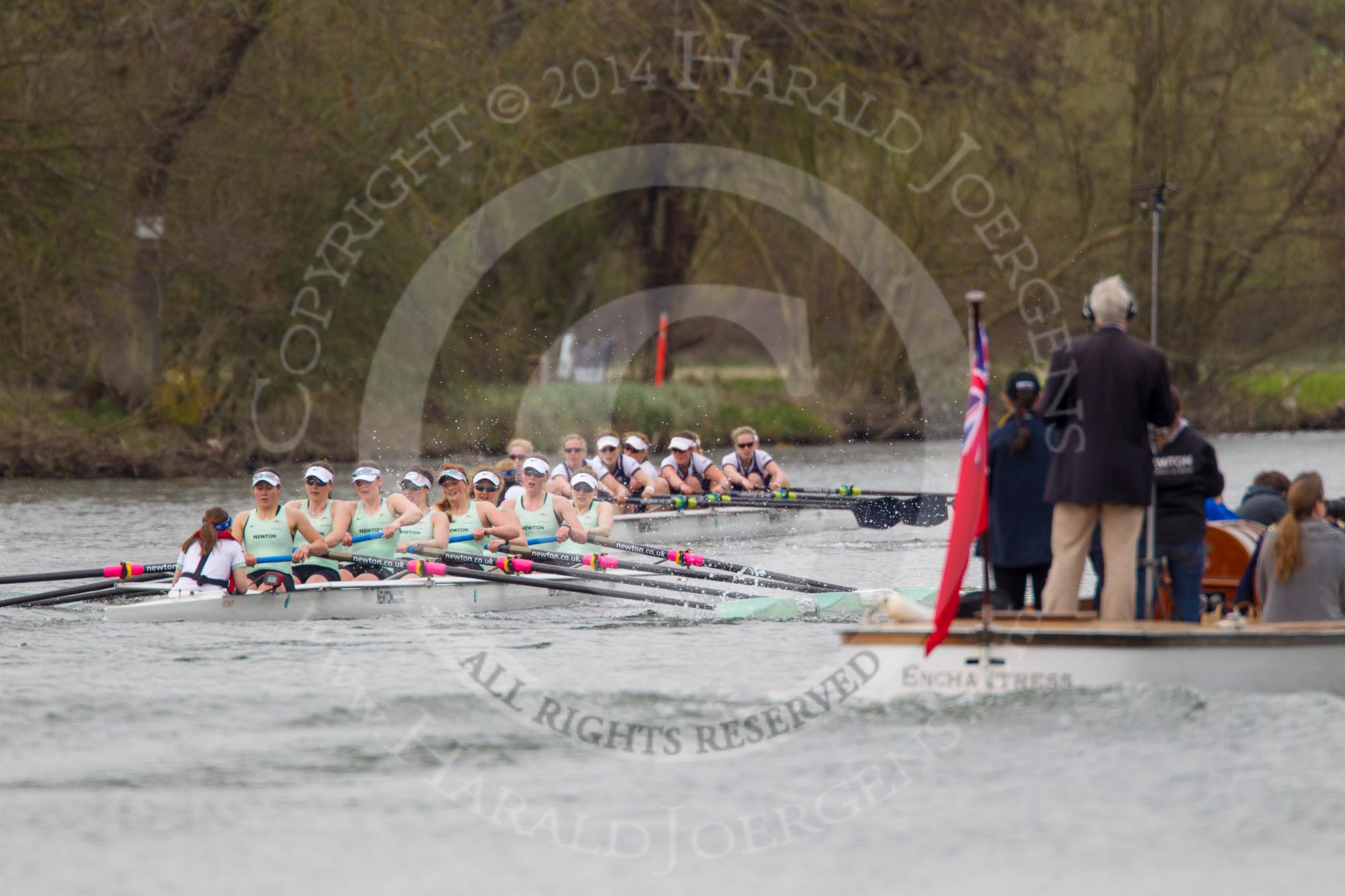 The Women's Boat Race and Henley Boat Races 2014: The Newton Women's Boat Race - Oxford is winning the race. In front the press launch..
River Thames,
Henley-on-Thames,
Buckinghamshire,
United Kingdom,
on 30 March 2014 at 15:15, image #315