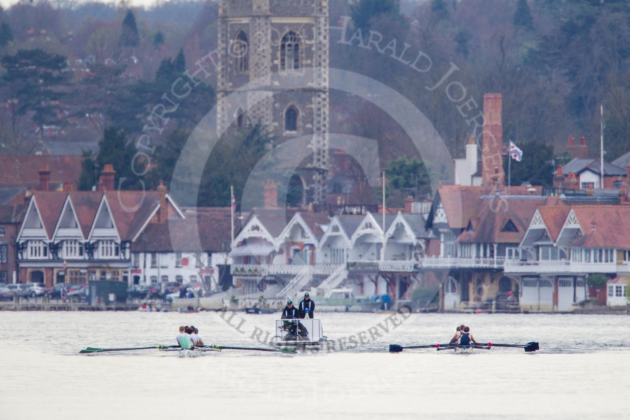 The Women's Boat Race and Henley Boat Races 2014: The Lightweight Men's Boat Race - OULRC vs CULRC, Oxford is on the right (Bucks) side, behind the boats is the umpire's launch..
River Thames,
Henley-on-Thames,
Buckinghamshire,
United Kingdom,
on 30 March 2014 at 15:38, image #356