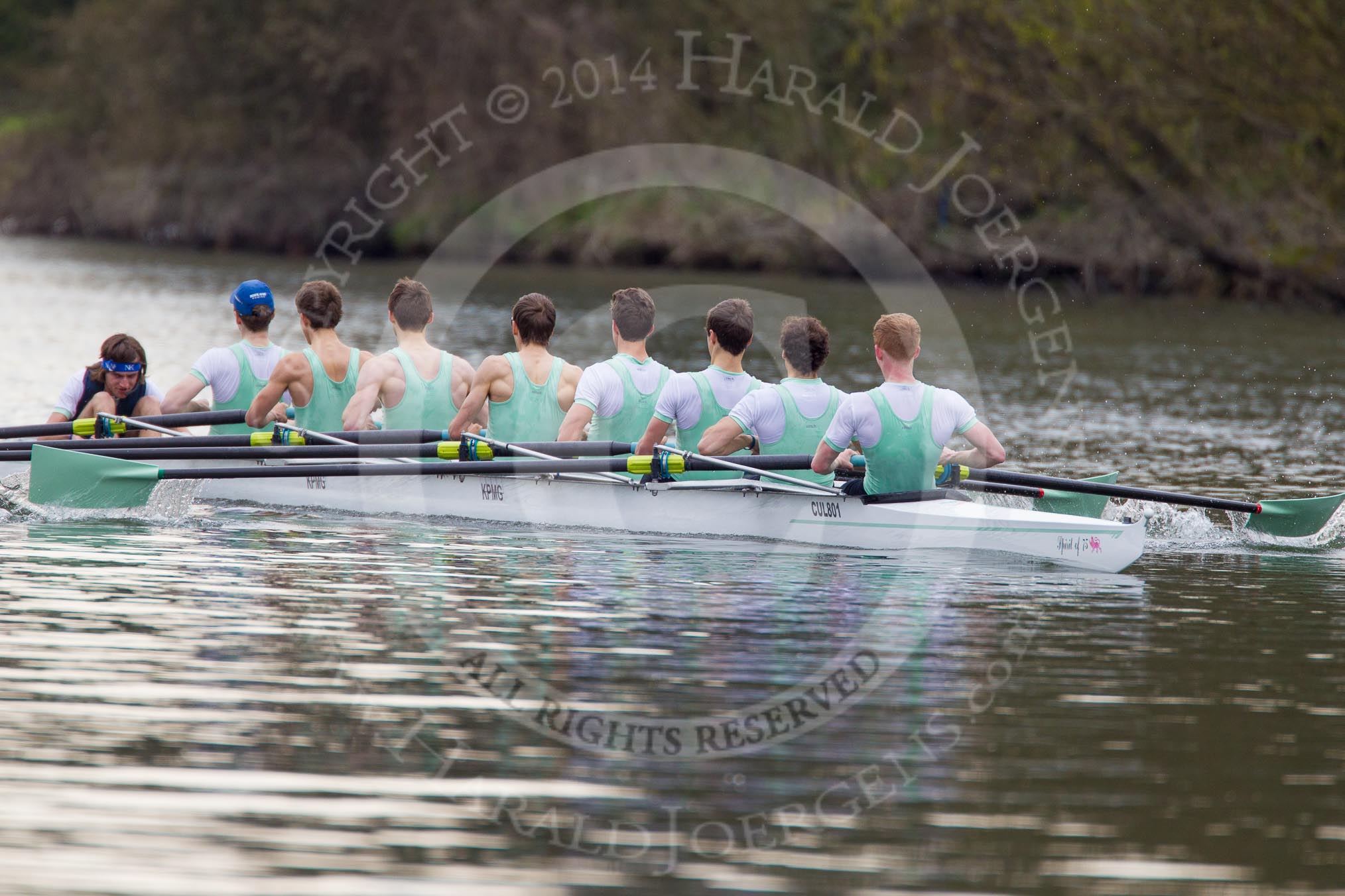 The Women's Boat Race and Henley Boat Races 2014: The Lightweight Men's Boat Race - OULRC vs CULRC, Cambridge is leading: Cox Callum Mantell, stroke Andrzej Hunt, 7 Giovanni Bergamo Andreis, 6 Will Hayes, 5 Nikodem Szumilo, 4 Andrei Lebed, 3 James Green, 2 Emanuel Malek, bow Greg Street..
River Thames,
Henley-on-Thames,
Buckinghamshire,
United Kingdom,
on 30 March 2014 at 15:40, image #369