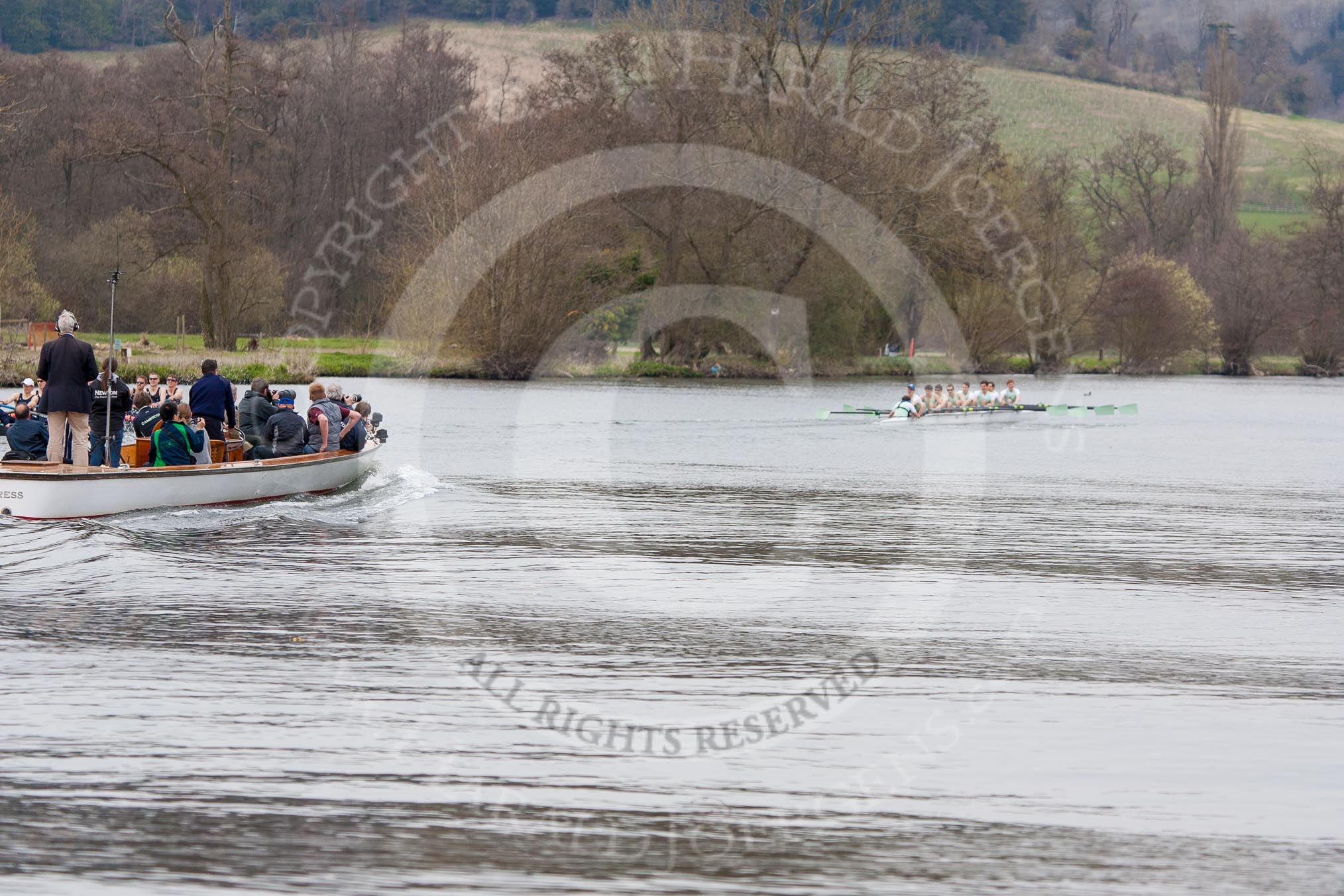 The Women's Boat Race and Henley Boat Races 2014: The Lightweight Men's Boat Race - OULRC vs CULRC. The leading Cambridge boat is approaching the finish line, the press launch is almost covering the view of the Oxford boat..
River Thames,
Henley-on-Thames,
Buckinghamshire,
United Kingdom,
on 30 March 2014 at 15:41, image #395