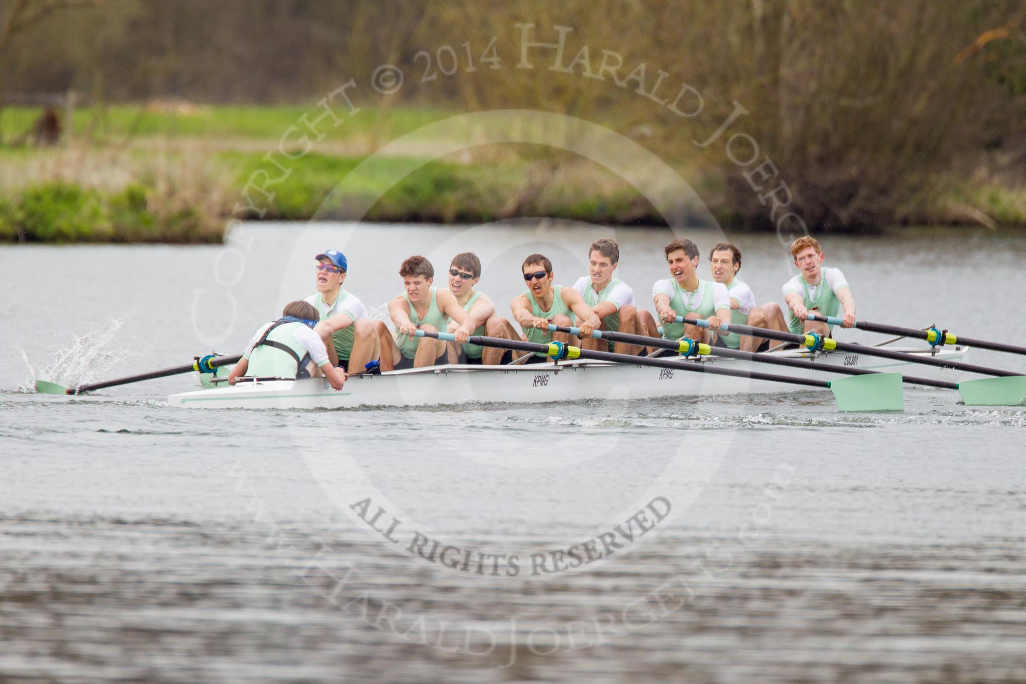 The Women's Boat Race and Henley Boat Races 2014: The Lightweight Men's Boat Race - OULRC vs CULRC. The leading Cambridge boat is approaching the finish line..
River Thames,
Henley-on-Thames,
Buckinghamshire,
United Kingdom,
on 30 March 2014 at 15:40, image #394