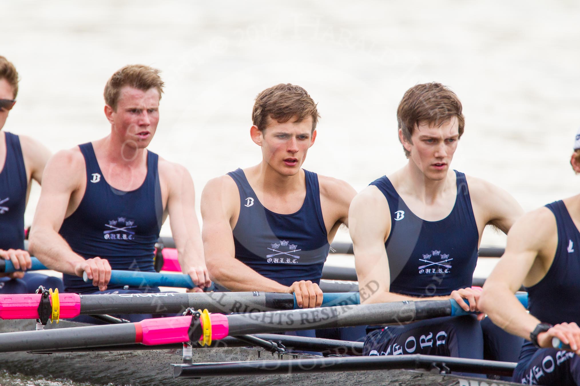 The Women's Boat Race and Henley Boat Races 2014: After the Lightweight Men's Boat Race - the Oxford Eight is rowing back to Henley. Here 5 seat James Ellison, 6 Rowan Arthur, 7 Andrew Saul..
River Thames,
Henley-on-Thames,
Buckinghamshire,
United Kingdom,
on 30 March 2014 at 15:49, image #425